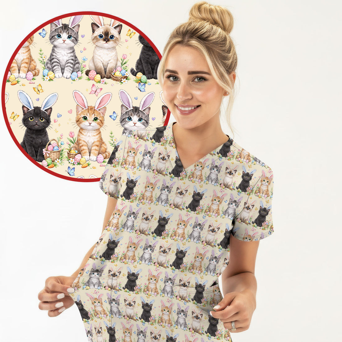Easter Kitten Bunny Ears Pattern Scrub Top, Comfortable Scrubs for Nurses