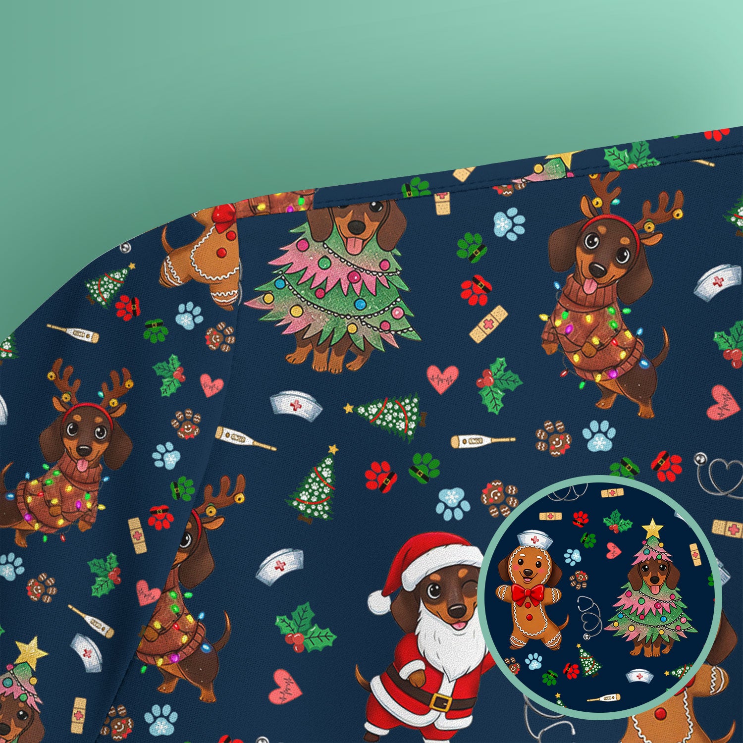 Wiener Dog Christmas Scrub Top – Funny Dachshund Pattern Medical Shirt – Festive Holiday Uniform for RN, LPN, CNA, and Vet Techs