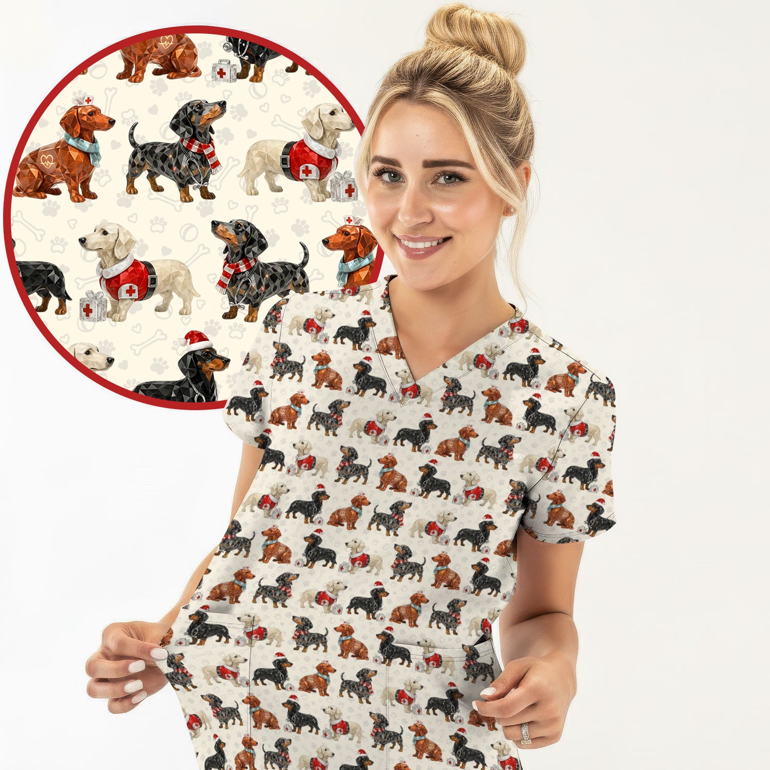 Funny Dachshund Christmas Dog Nurse Scrub Top, Holiday Puppy Medical Uniform Shirt For Nursing