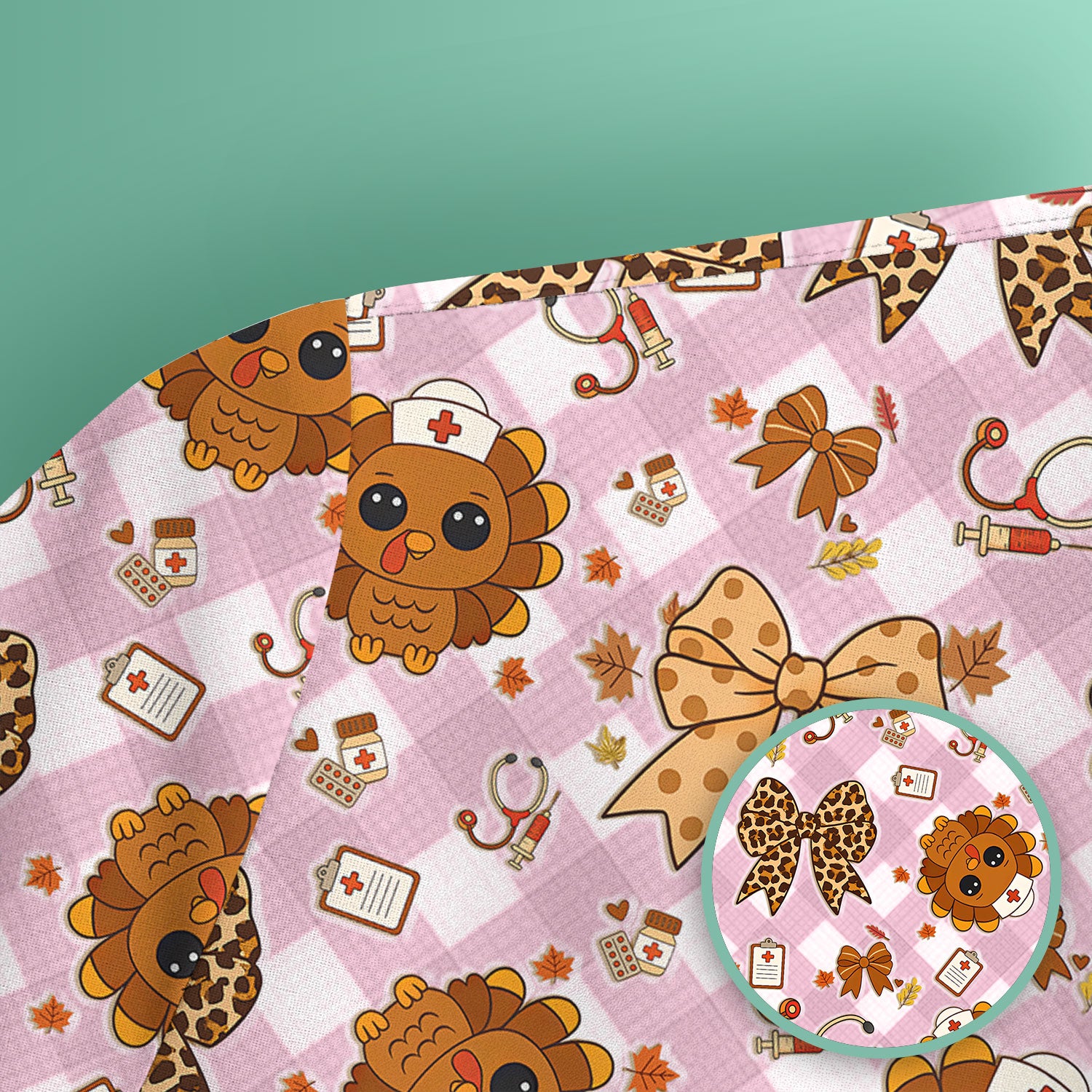 Thanksgiving Turkey Scrub Top for Nurses - Cute Fall Leaves and Bow Shirt - Funny Autumn Nursing Gift for Women RN LPN CNA