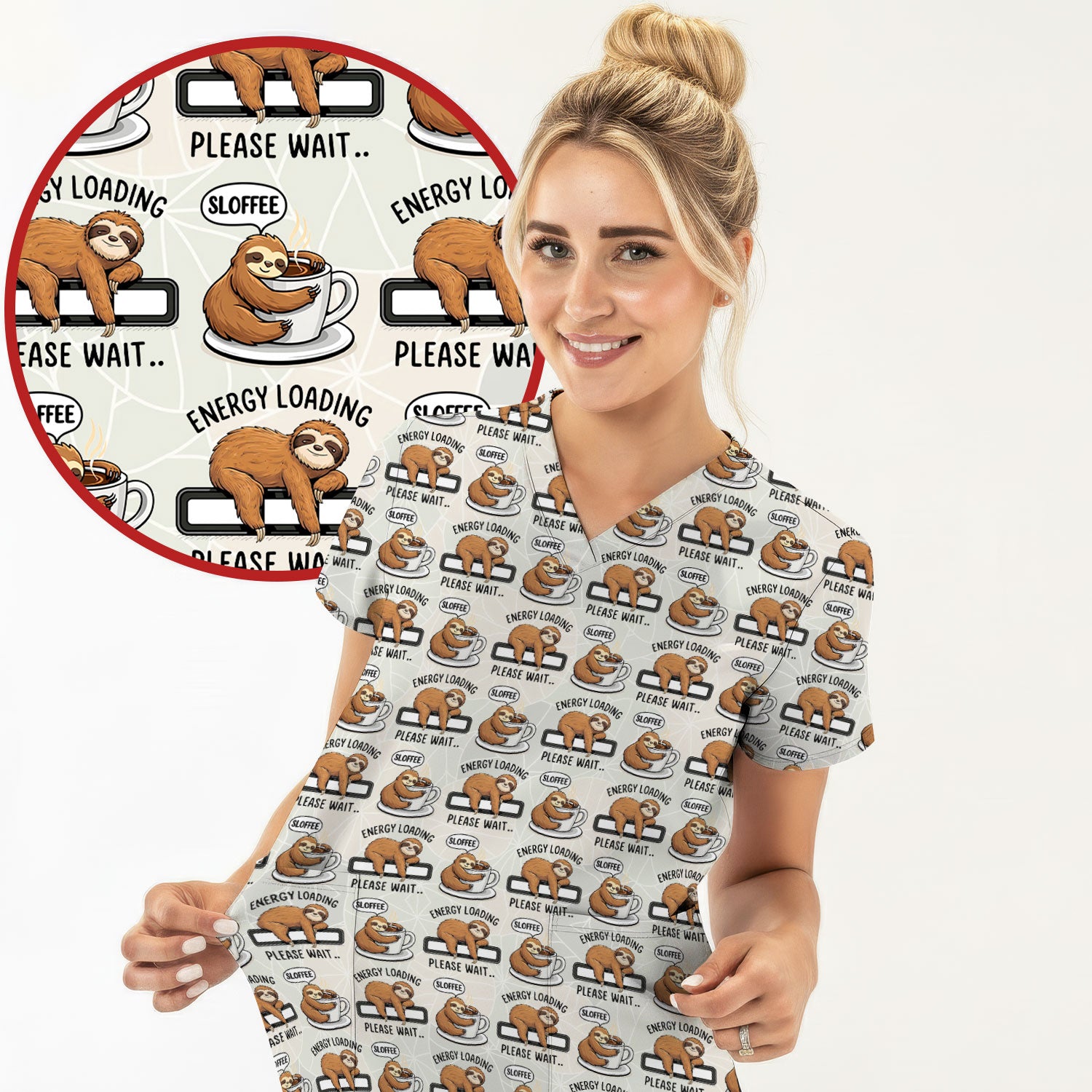 Funny Sloth Coffee Energy Loading Pattern Scrubs Top, Breathable Fabrics Nursing Uniform