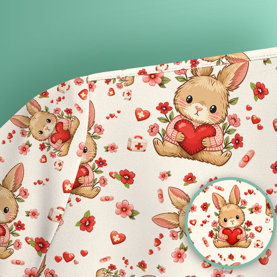 Adorable Bunny Heart Healthcare Design Scrub Top, Comfortable Scrubs for Nurses