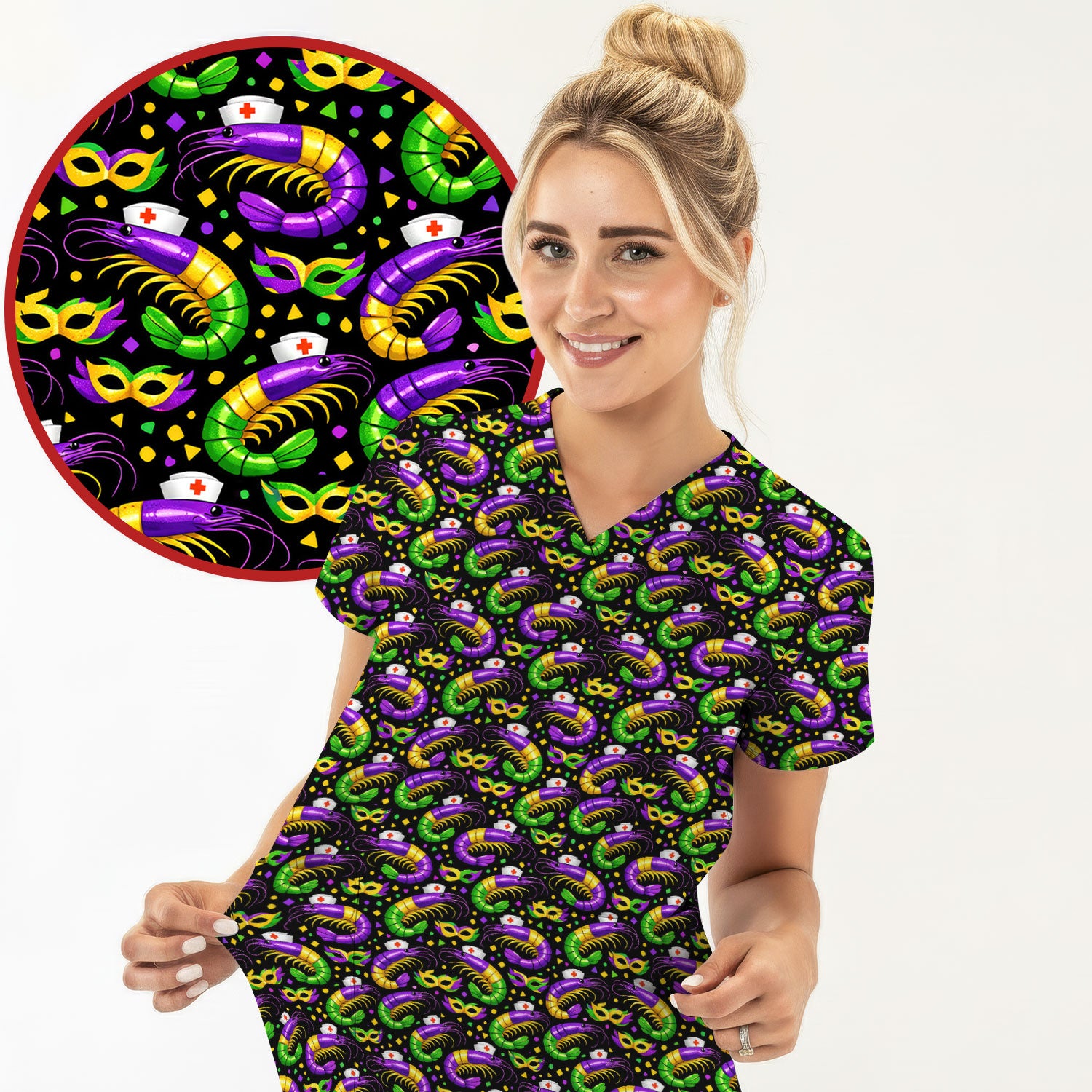 Mardi Gras Pattern Scrub Top, Crawfish Carnival Medical Nurse Scrub Shirt, Breathable Fabrics Nursing Uniform