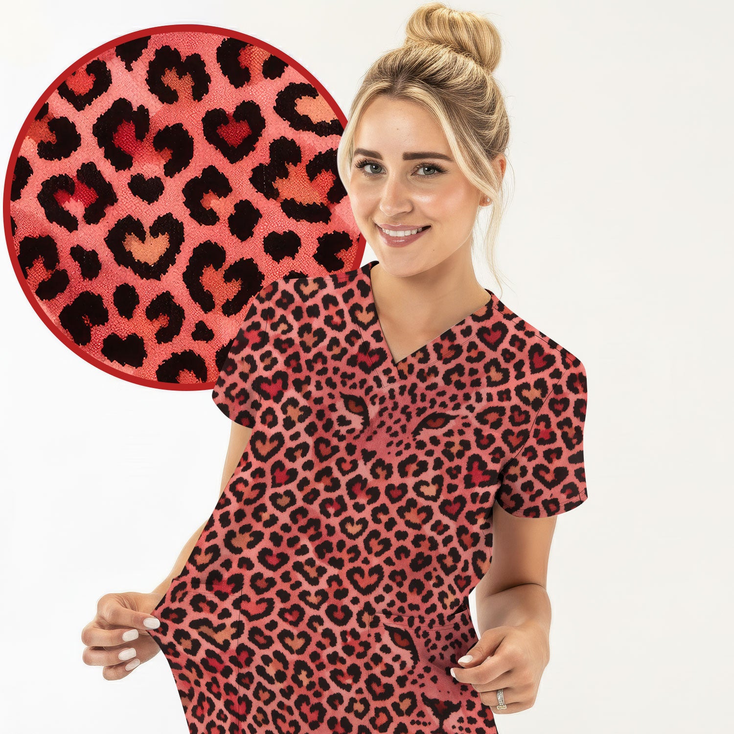 Leopard Pattern Nurse Scrub Top, Pink Medical Nurses Shirt, Breathable Fabrics Nursing Uniform, Valentine
