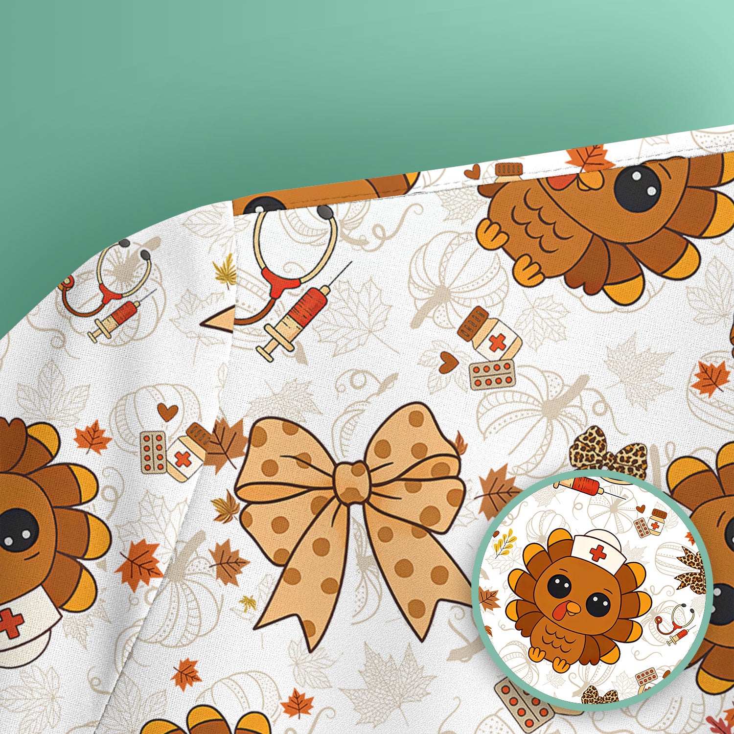 Thanksgiving Turkey Nurse Scrub Top for Women - Cute Fall Leaves and Bow Shirt - Autumn Medical Shirt Gift for RN CNA LPN Doctor