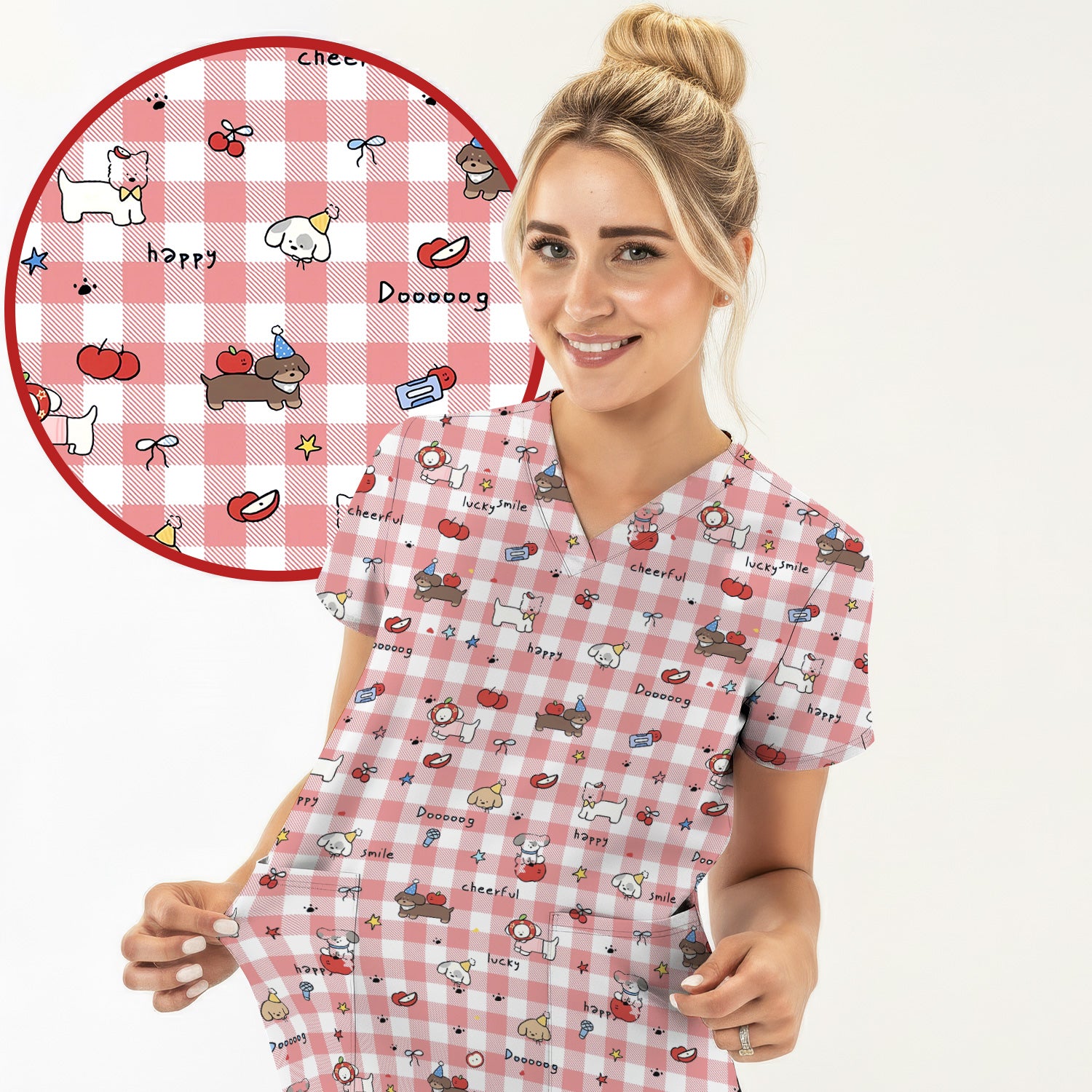 Cute Nurse Cartoon Puppy Apple Gingham Scrub Top, Breathable Fabrics Nursing Uniform