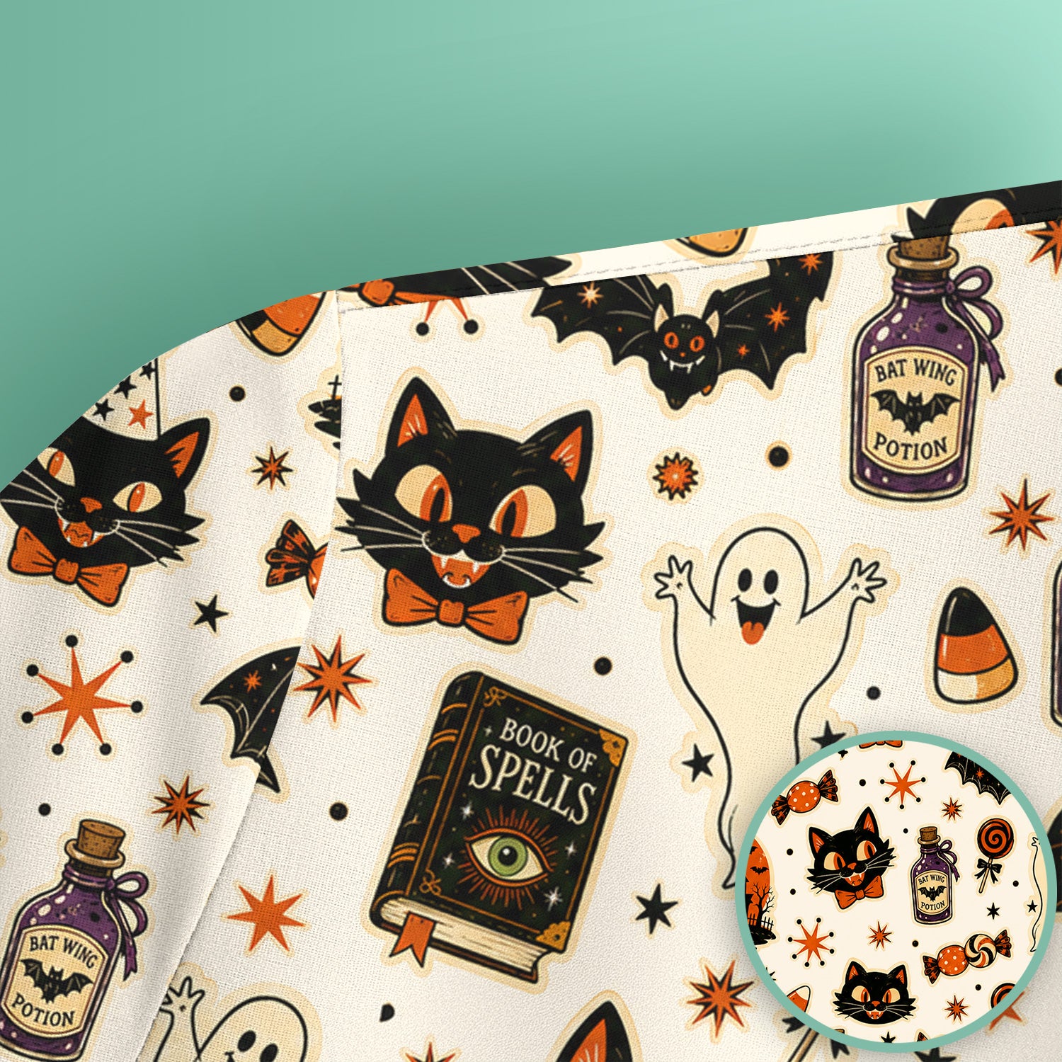 Halloween Black Cat with Ghost Candy Print Scrub Top, Comfortable Scrubs for Nurses
