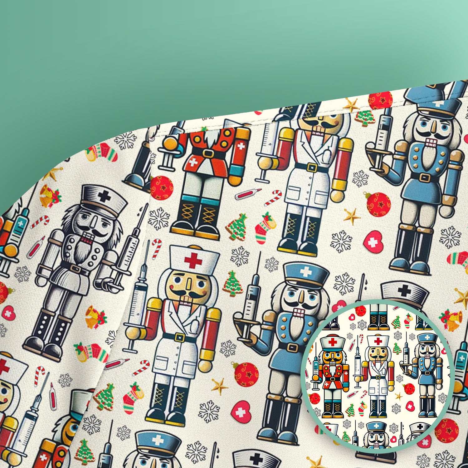 Funny Nutcracker Christmas Scrub Top – Cute Holiday Nurse Pattern Shirt – Festive Medical Uniform for RN, LPN, CNA, and Healthcare Workers