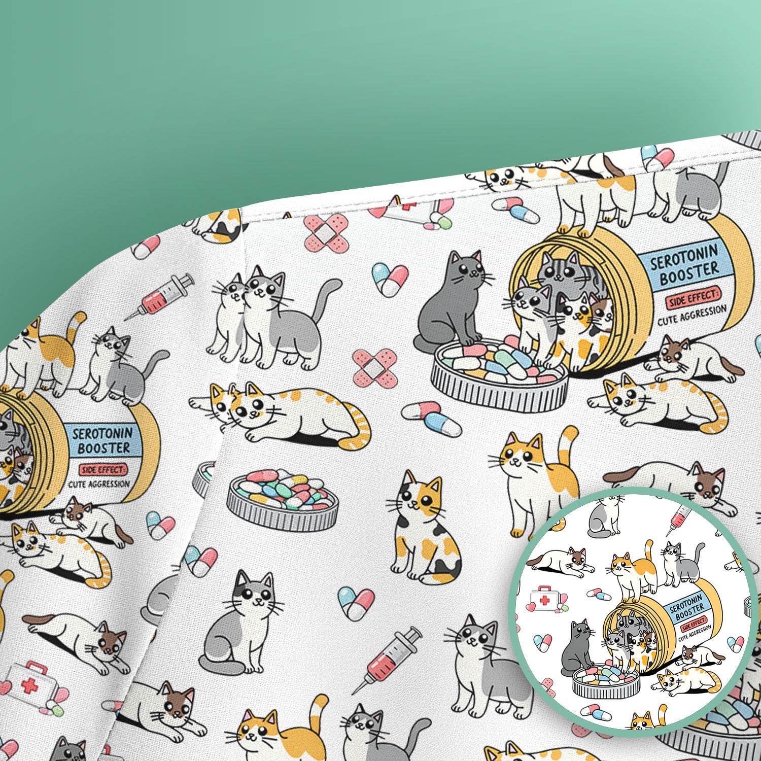 Cute Cat Serotonin Booster Pattern Scrub Top, Comfortable Scrubs for Nurses