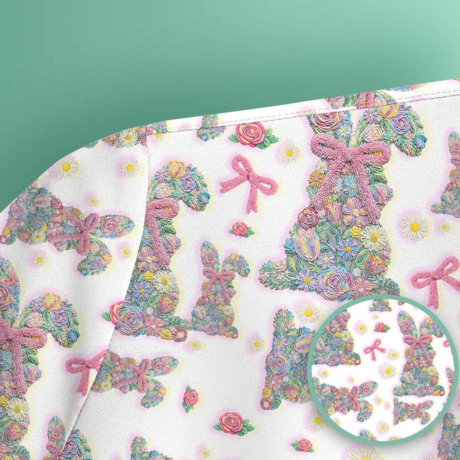 Colorful Floral Bunny with Pink Bow Pattern Scrub Top, Breathable Fabrics Nursing Uniform, Easter