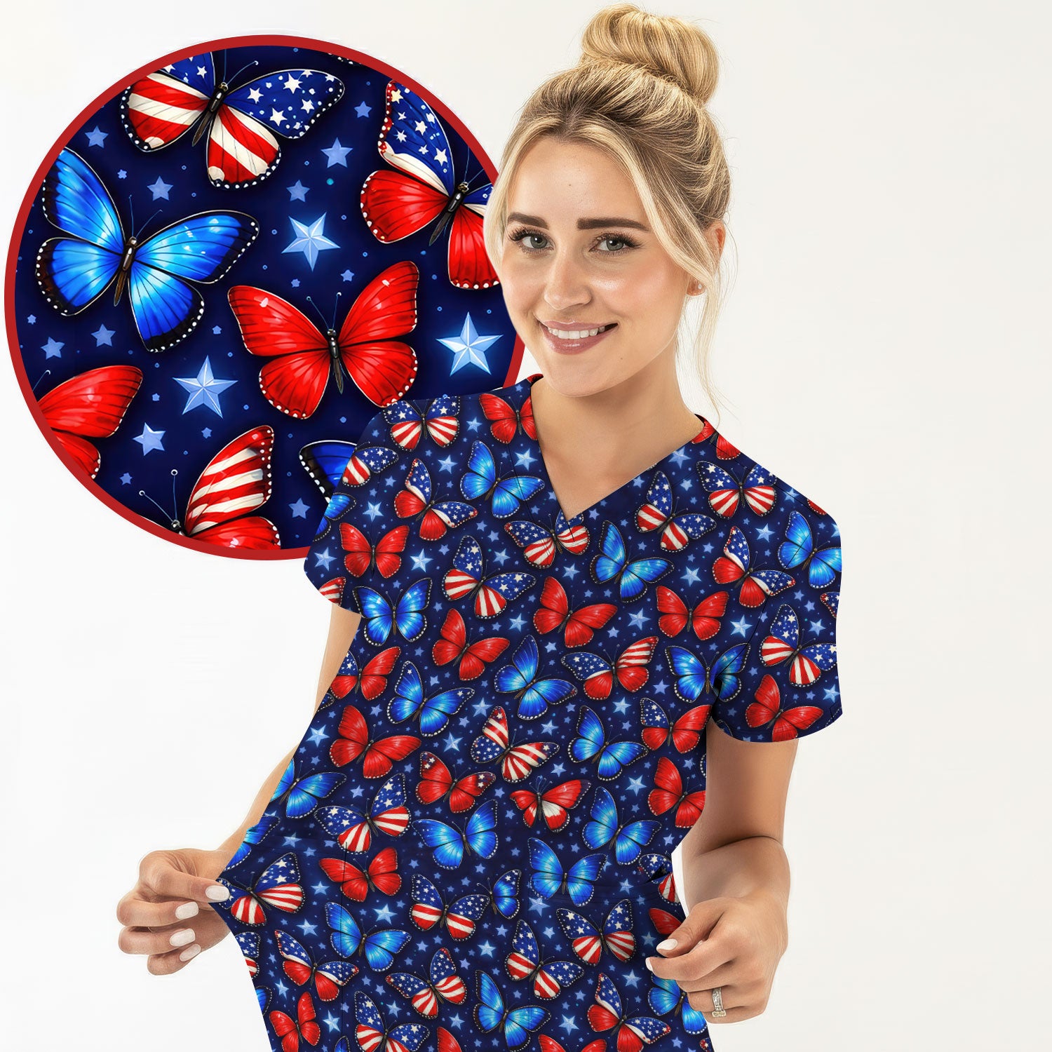 Patriotic Butterfly Stars Pattern Scrubs Top, Comfortable Scrubs for Nurses