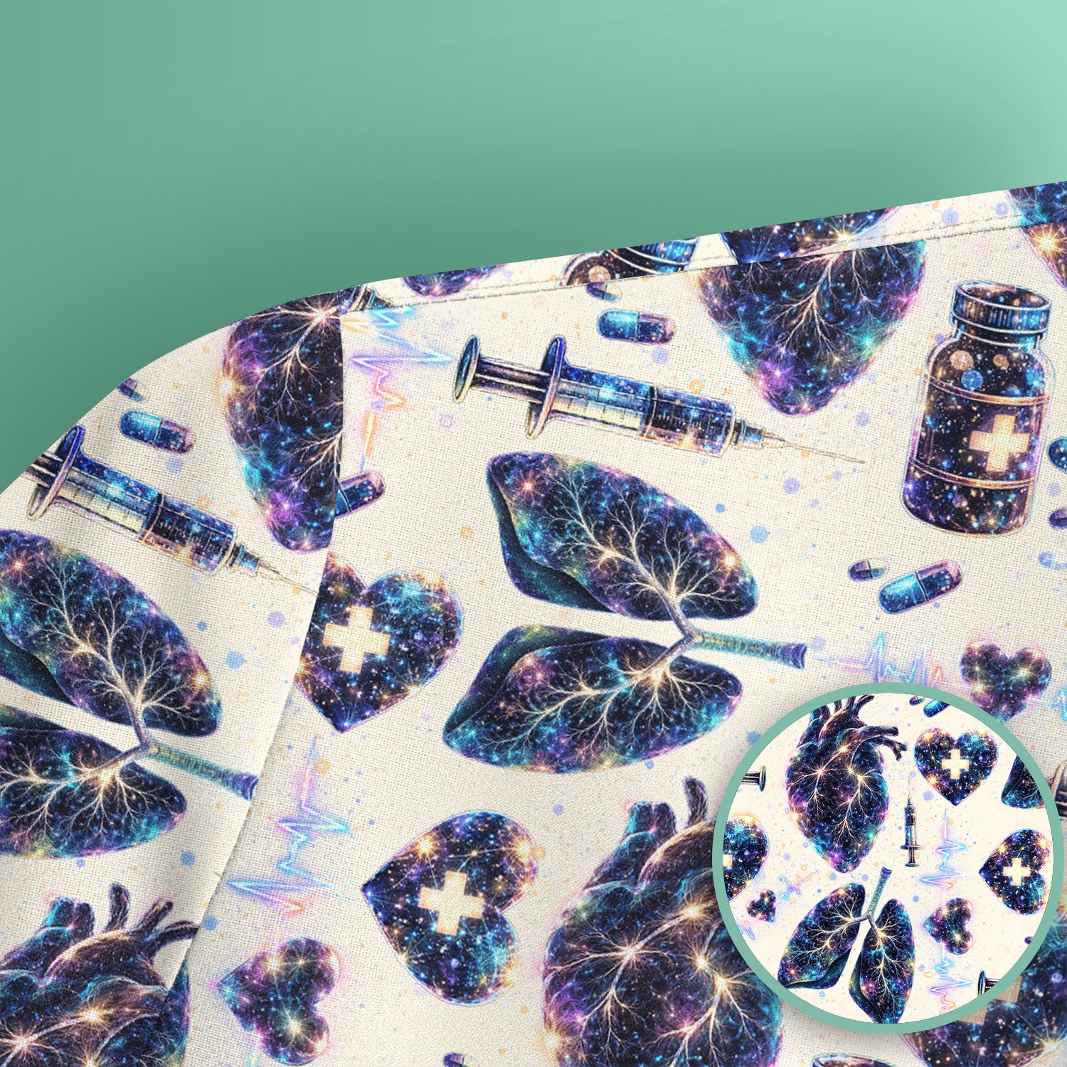 Galaxy Anatomical Heart Lung Syringe Print Scrub Top, Breathable Fabrics Nursing Uniform