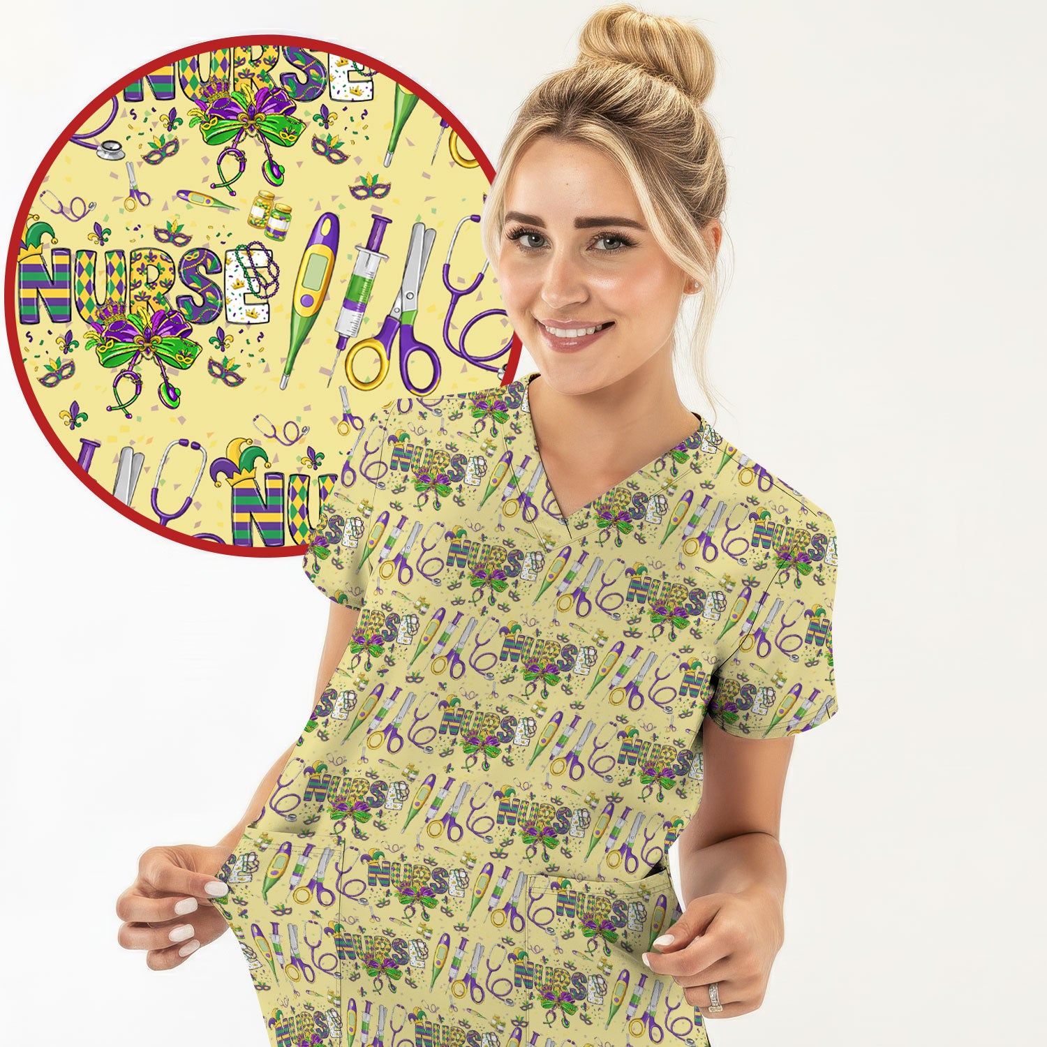 Mardi Gras Nurse Scrub Top, Holiday Medical Pattern Nurse Shirt, Breathable Fabrics Nursing Uniform