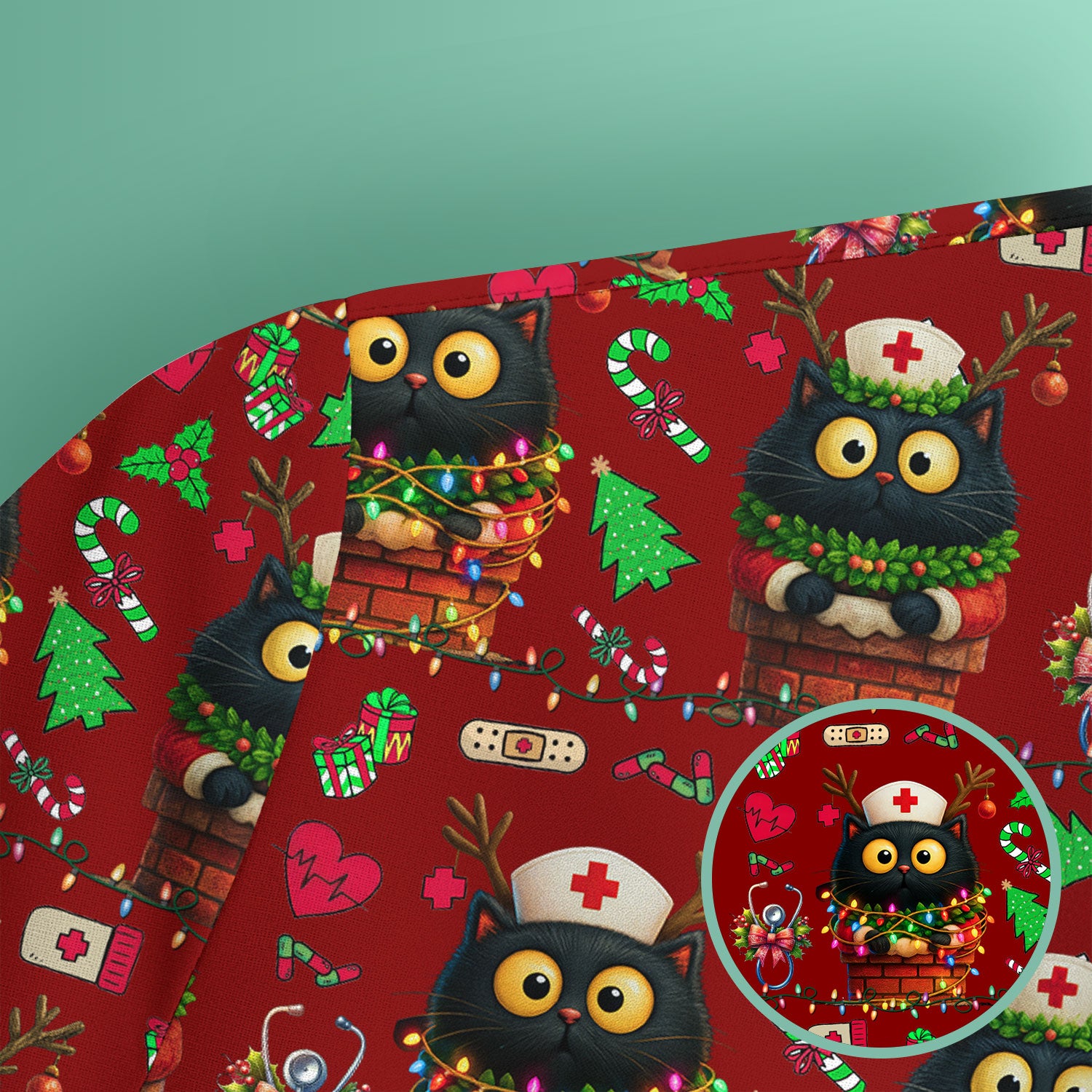 Christmas Black Cat Scrub Top for Nurse - Cute Reindeer Cat with Xmas Lights - Festive Holiday Medical Uniform for Women