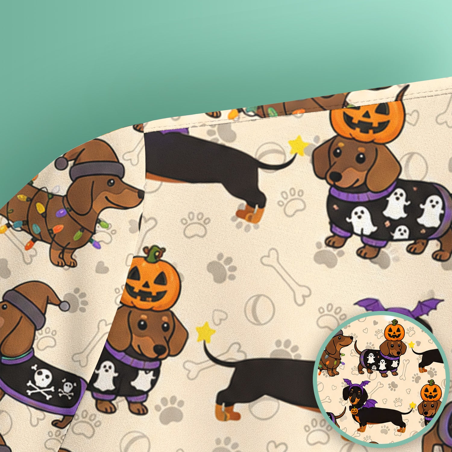 Halloween Dachshund with Pumpkin Ghost Print Scrub Top, Comfortable Scrubs for Nurses