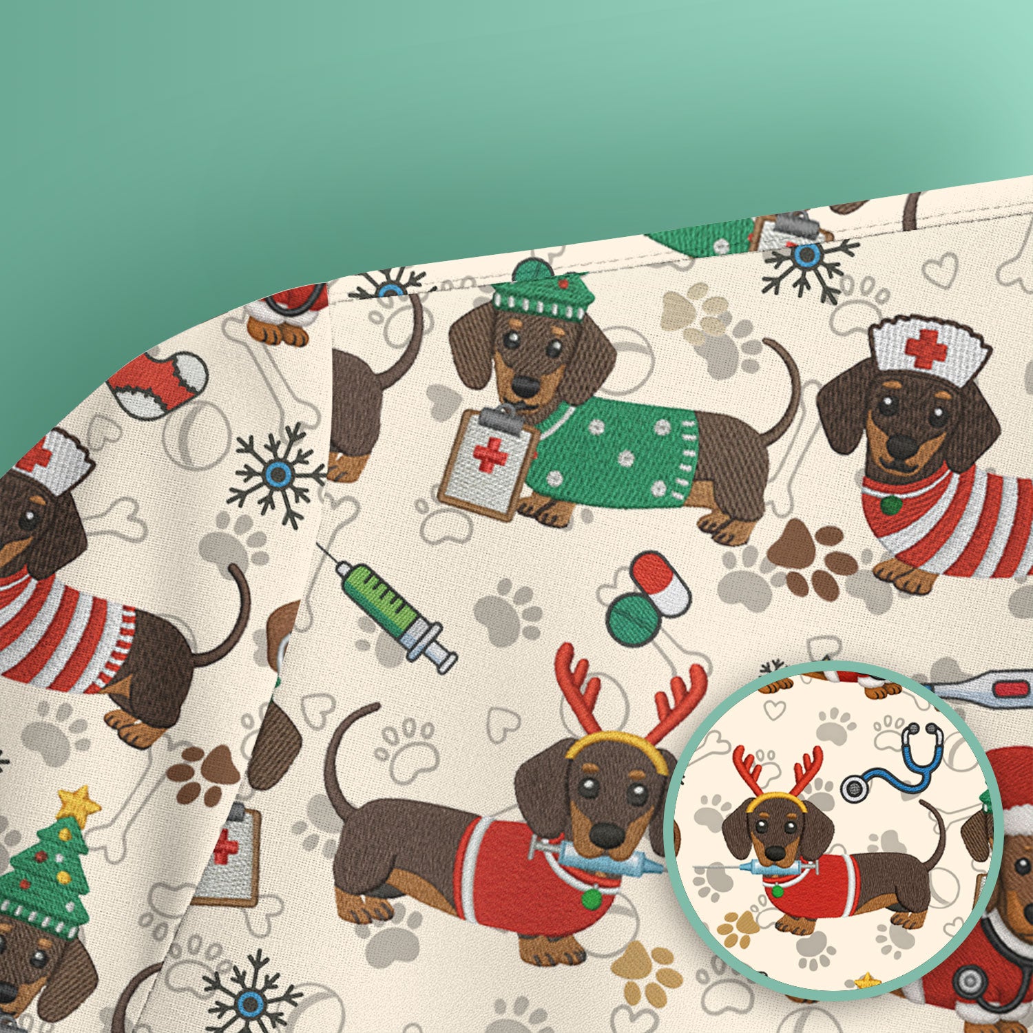 Christmas Dachshund Scrub Top for Nurses - Cute Wiener Dog Pattern Medical Shirt - Festive Holiday Scrubs Gift for Women RN CNA LPN