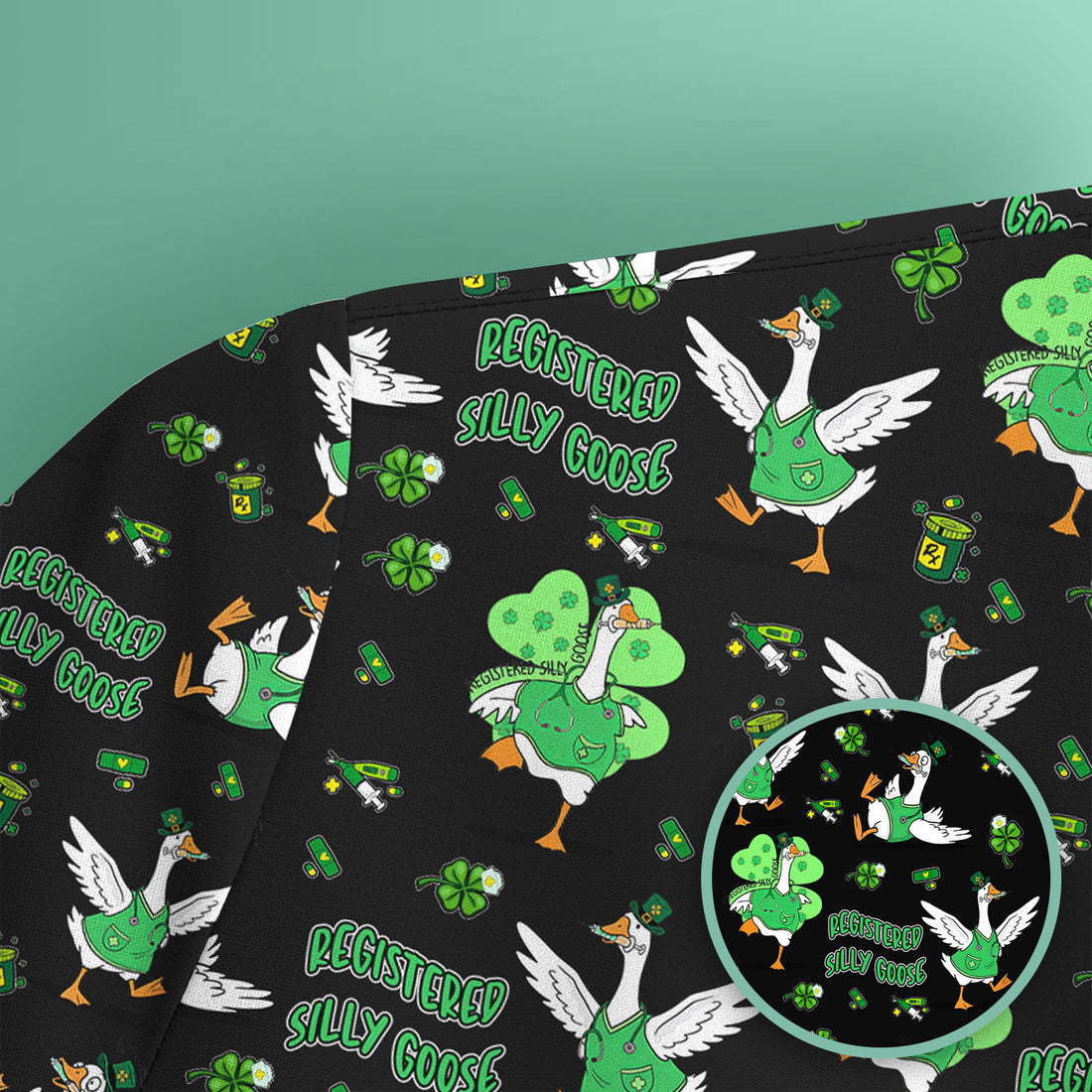 Silly Goose St. Patrick’s Day Scrub Top, Funny Goose Shamrock Pattern Nurse Scrub Shirt, Irish Green Nursing Uniform