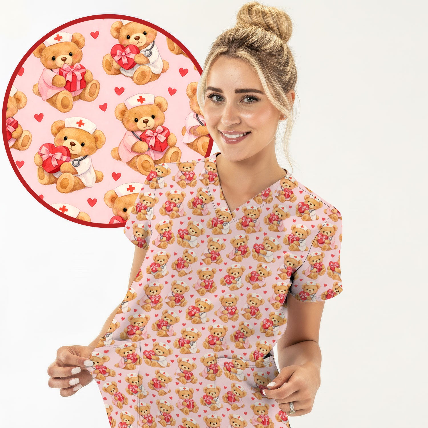 Valentine Teddy Pattern Scrub Top, Bear And Heart Medical Nurse Scrub Shirt, Breathable Fabrics Nursing Uniform