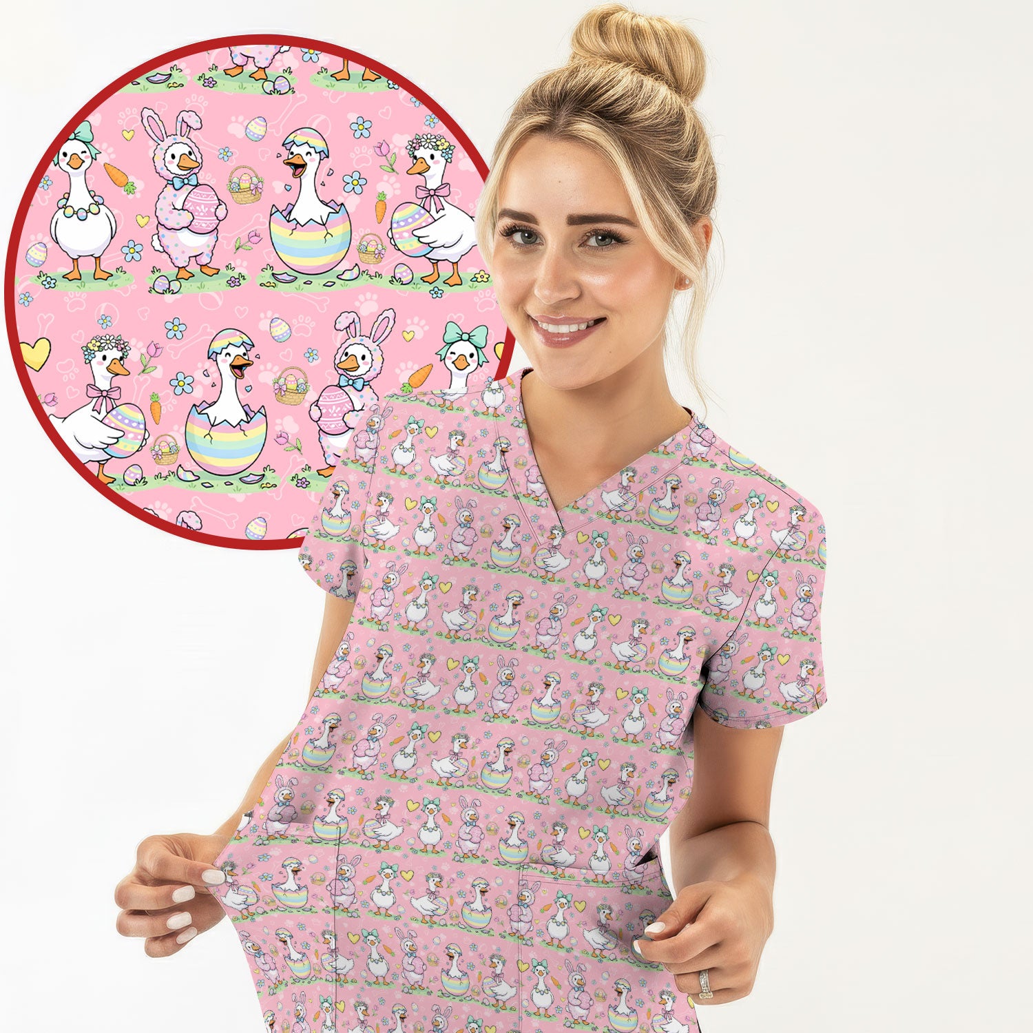 Pastel Easter Goose Bunny Egg Pattern Scrub Top, Comfortable Scrubs for Nurses
