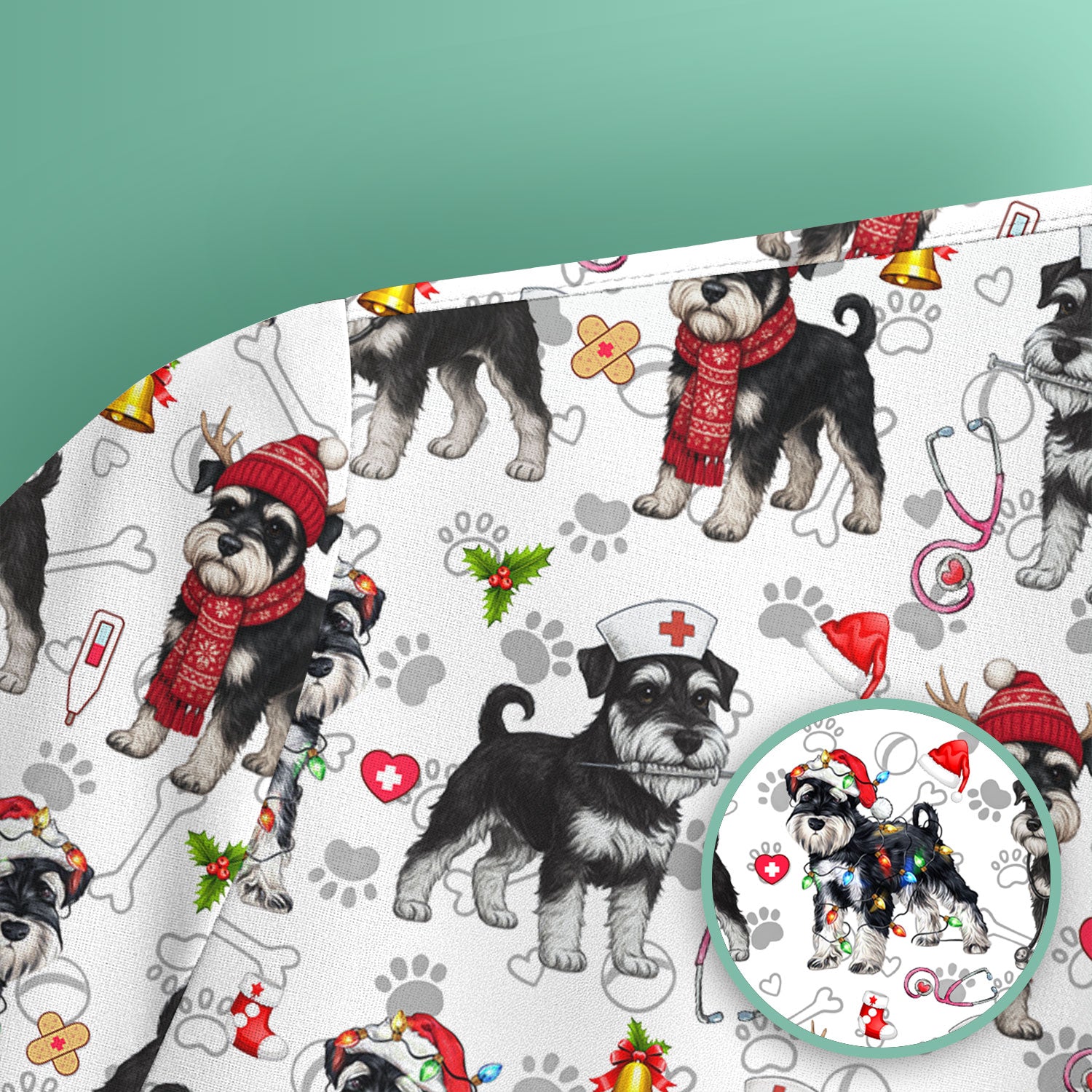 Christmas Schnauzer Scrubs for Nurses - Cute Dog Holiday Scrub Top - Funny Santa Nursing Medical Shirt for Women