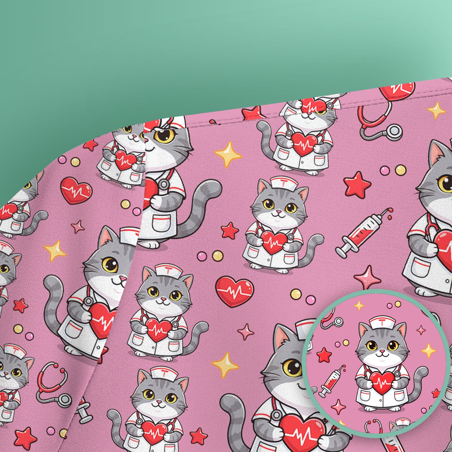 Cute Nurse Cat Heart Medical Print Scrub Top, Comfortable Scrubs for Nurses