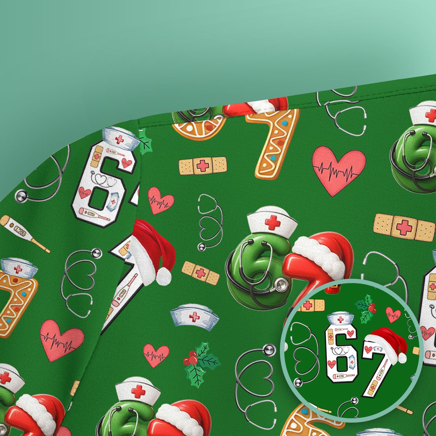 Christmas Nurse 67 Pattern Scrub Top, Cute Holiday Medical Shirt With Santa Hat, Uniform For Nursing