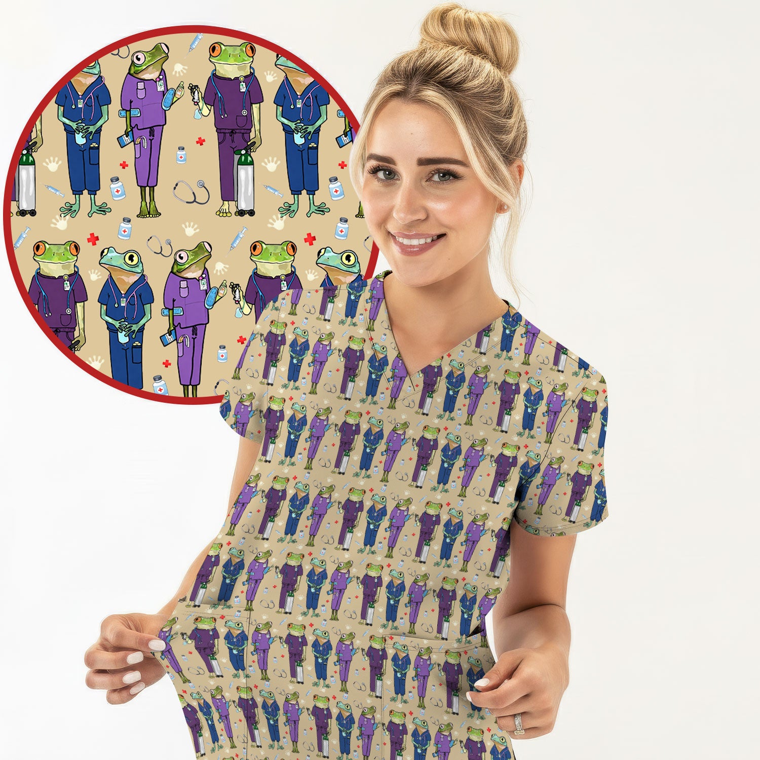 Funny Frog Nurse Pattern Scrub Top, Breathable Healthcare Uniform Top