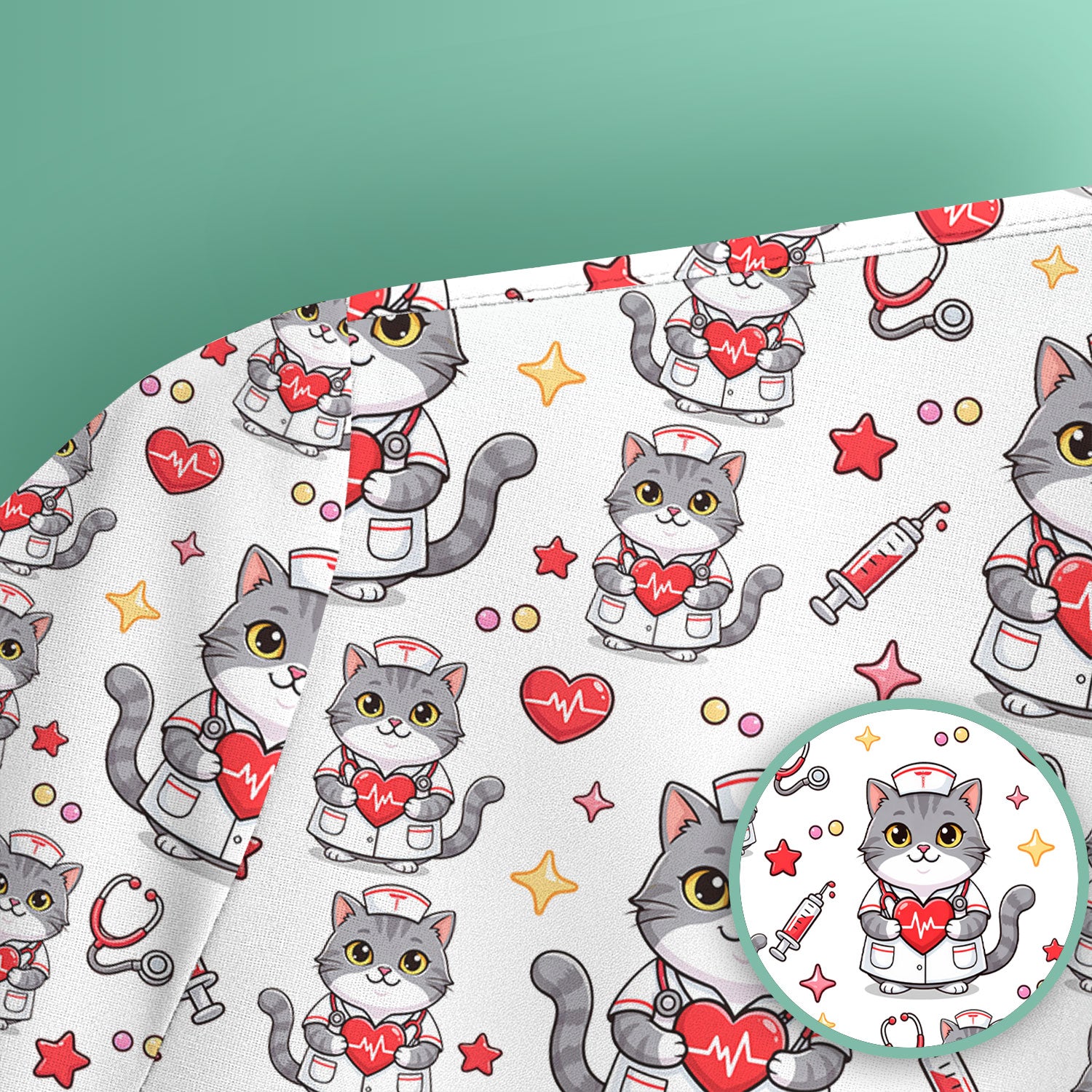 Cute Nurse Cat Heart Medical Print Scrub Top, Comfortable Scrubs for Nurses