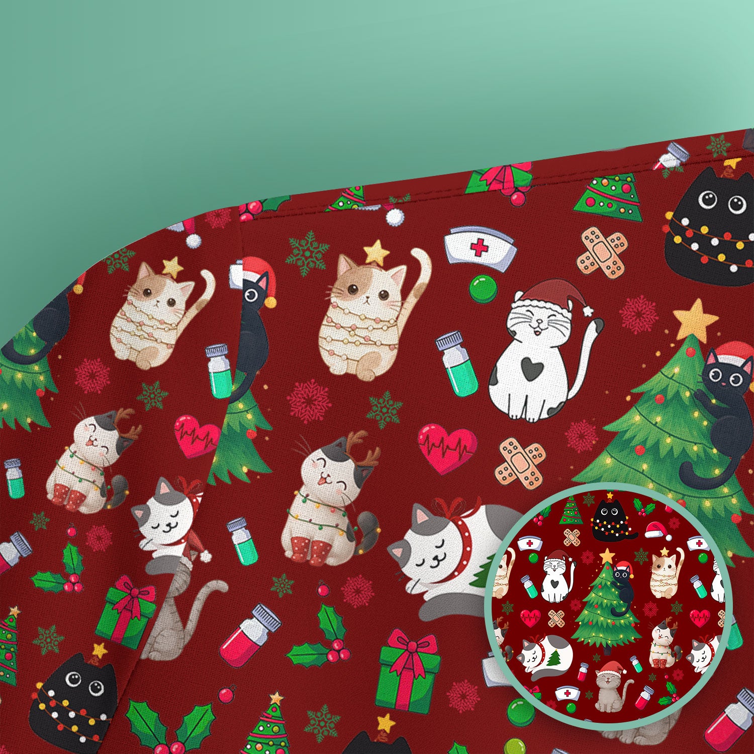 Christmas Cat Scrub Top, Xmas Pet Pattern Scrub Shirt, Breathable Fabrics Nursing Uniform
