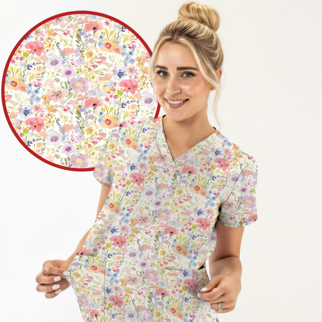 Pastel Watercolor Floral Nursing Scrub Shirt V-Neck Medical Work Top