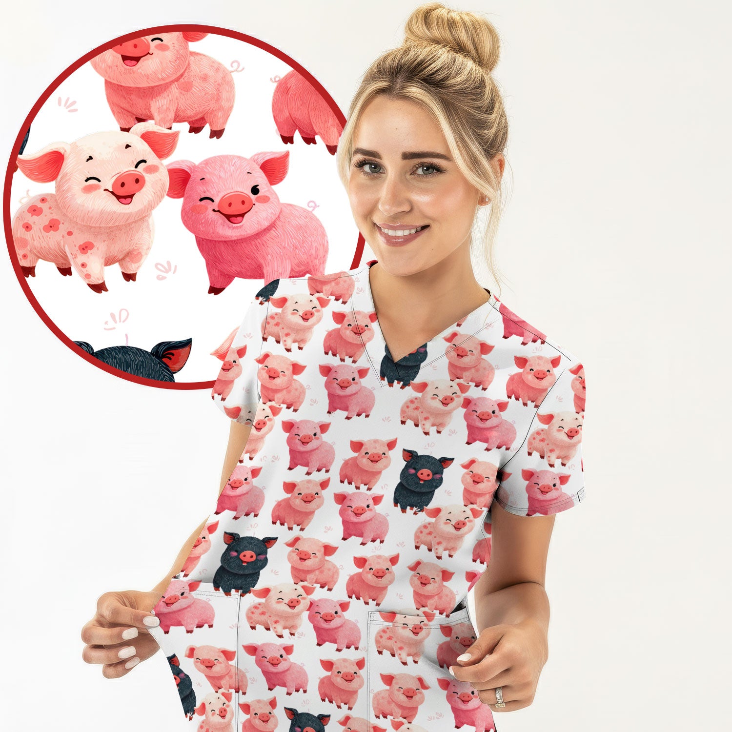 Funny Farm Pig Cartoon Pattern Scrub Top, Comfortable Scrubs for Nurses