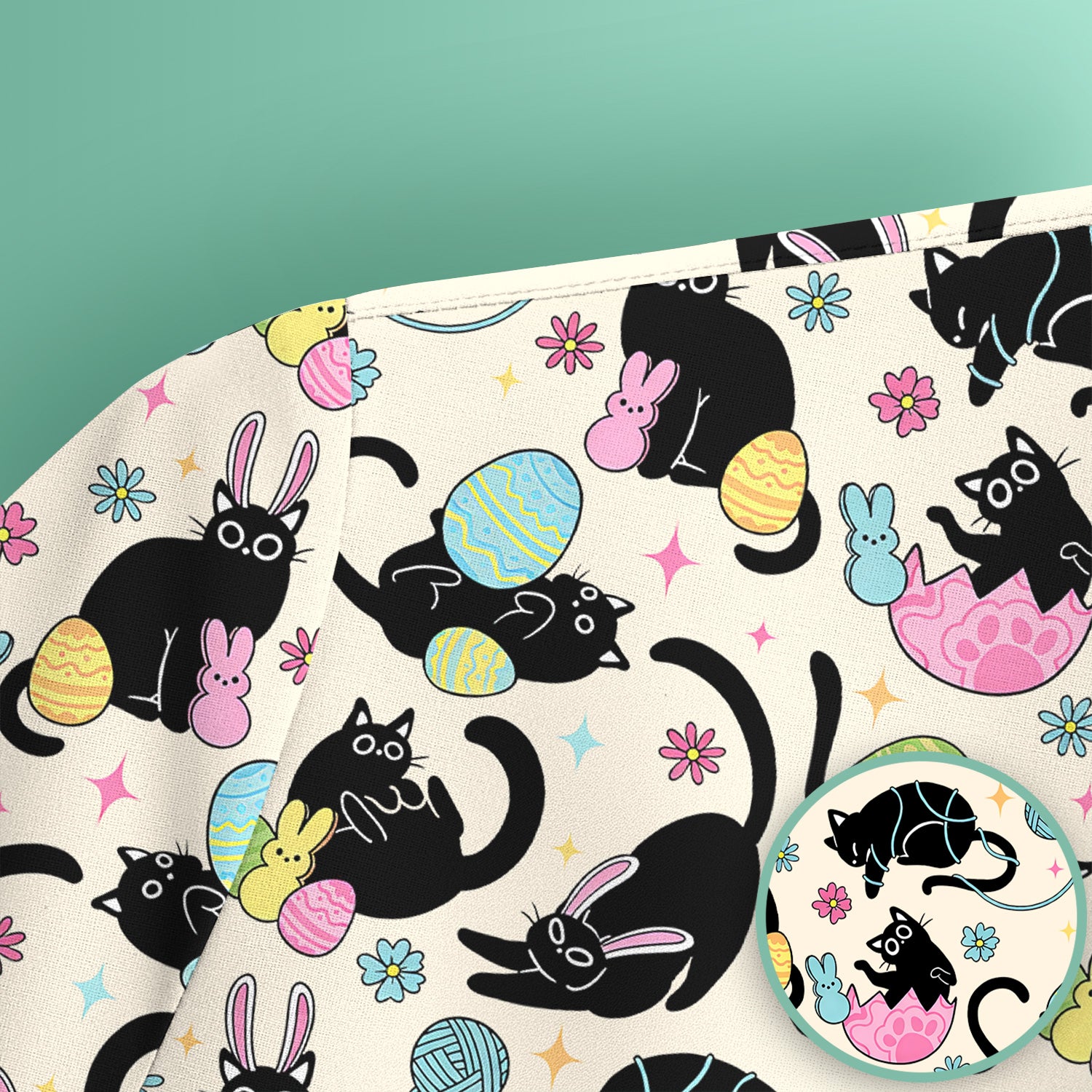 Funny Easter Black Cat Egg Pattern Scrub Top, Breathable Fabrics Nursing Uniform