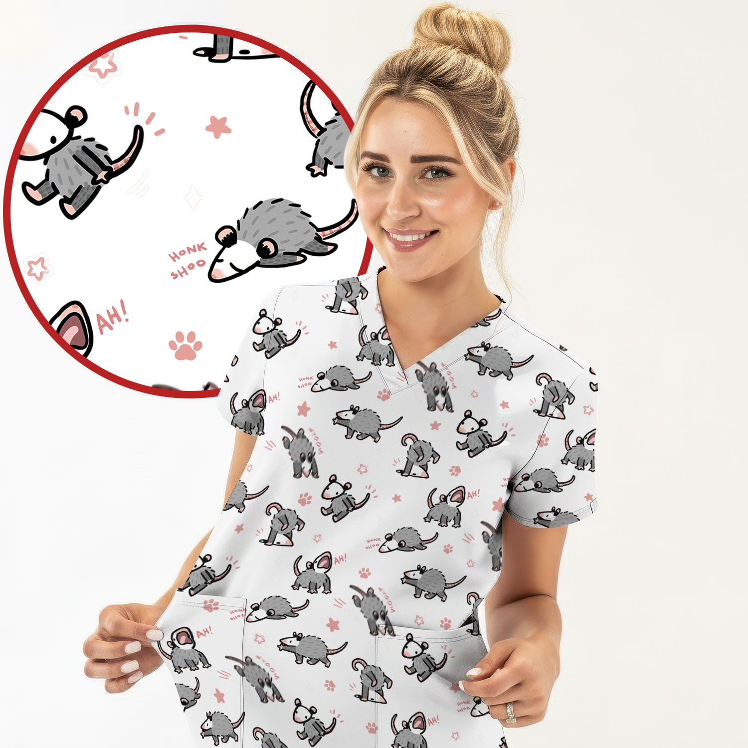 Playful Cartoon Opossum Character Pattern Scrub Top, Breathable Fabrics Nursing Uniform