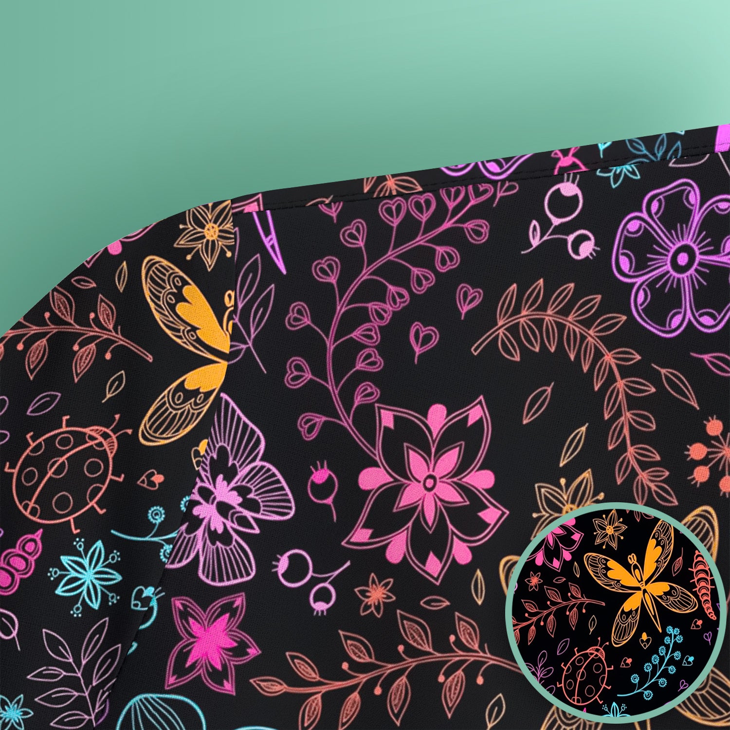 Neon Butterfly and Floral Garden Pattern Scrub Top, Comfortable Scrubs for Nurses
