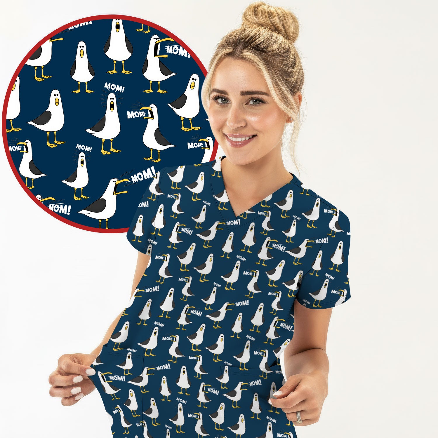 Funny Seagull Mom Seamless Pattern Scrub Top, Comfortable Scrubs for Nurses
