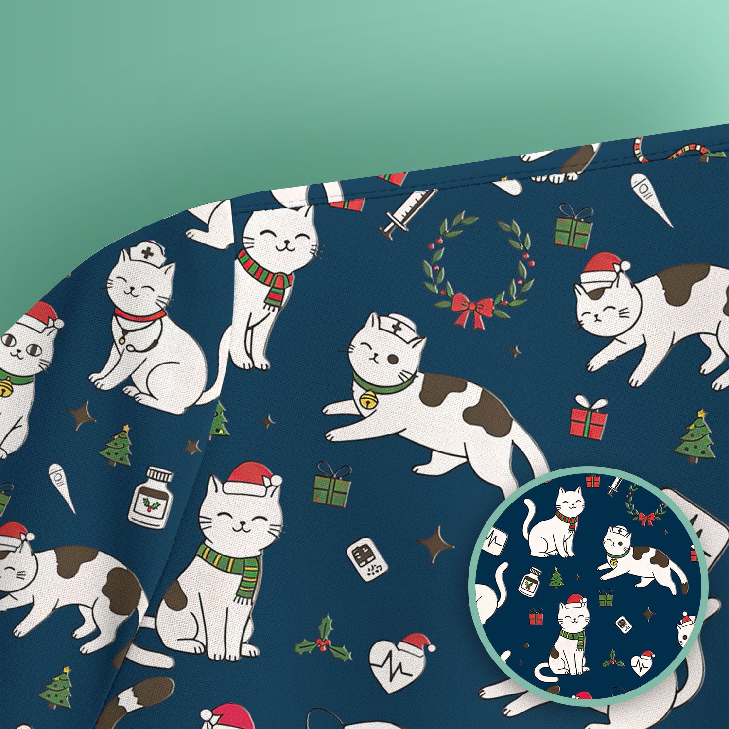 Christmas Cat Scrub Top – Festive Nurse & Holiday Kitty Pattern – Cute Medical Uniform for Nurses, Vets and Healthcare Workers