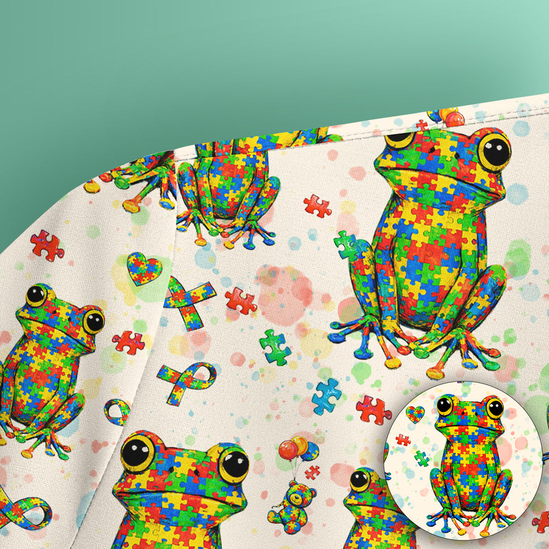 Colorful Autism Puzzle Frog Pattern Scrubs Top, Comfortable Scrubs for Nurses