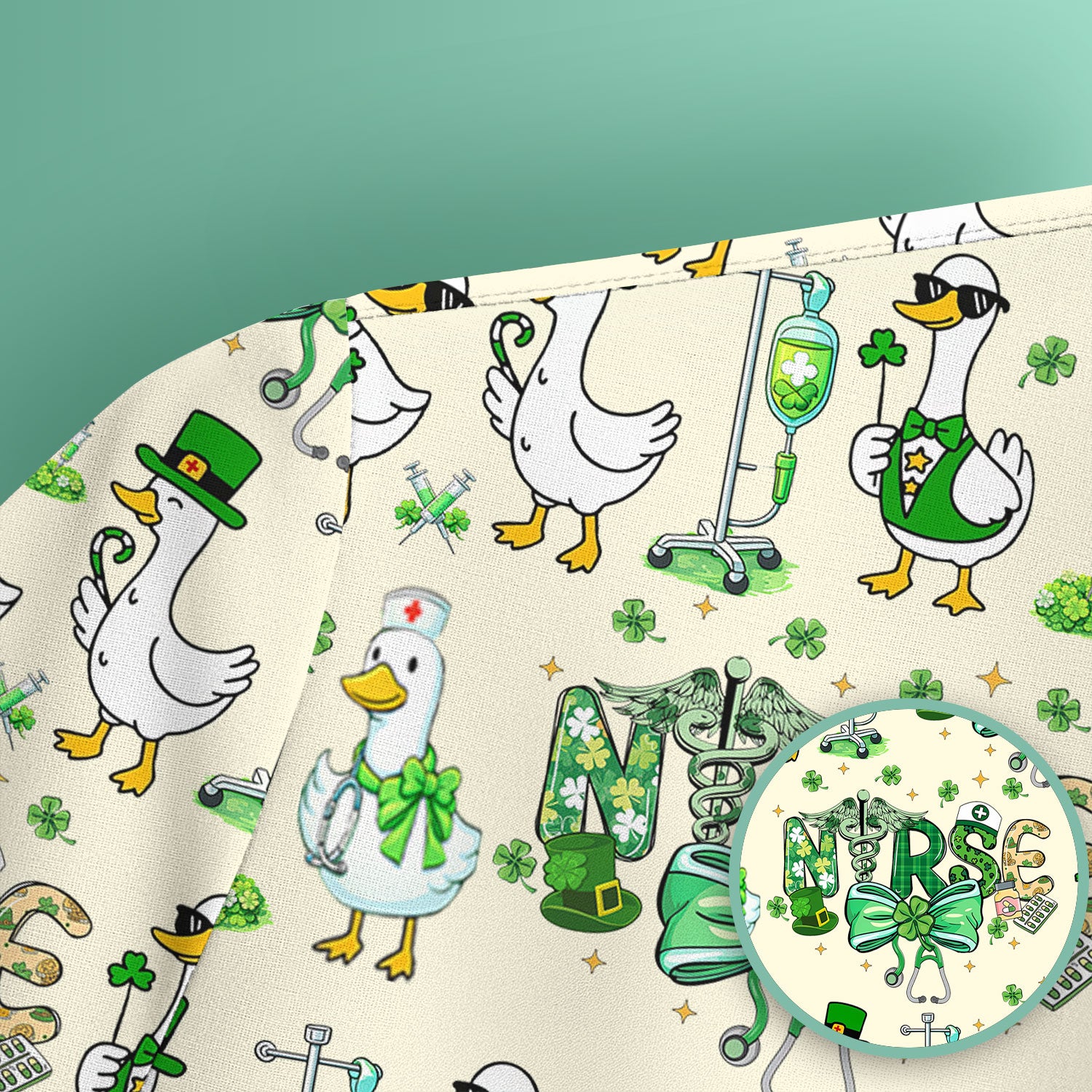 Funny Goose Nurse Shamrock Scrub Top, St. Patrick’s Day Nurse Pattern Shirt, Breathable Fabrics Nursing Uniform