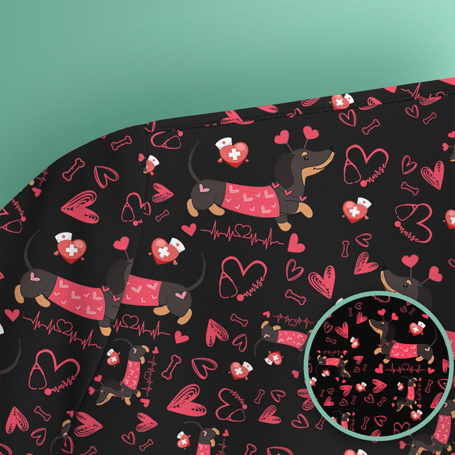 Dachshund Valentine Scrub Top, Cute Wiener Dog Heart Pattern Nurse Shirt, Breathable Fabrics Nursing Uniform