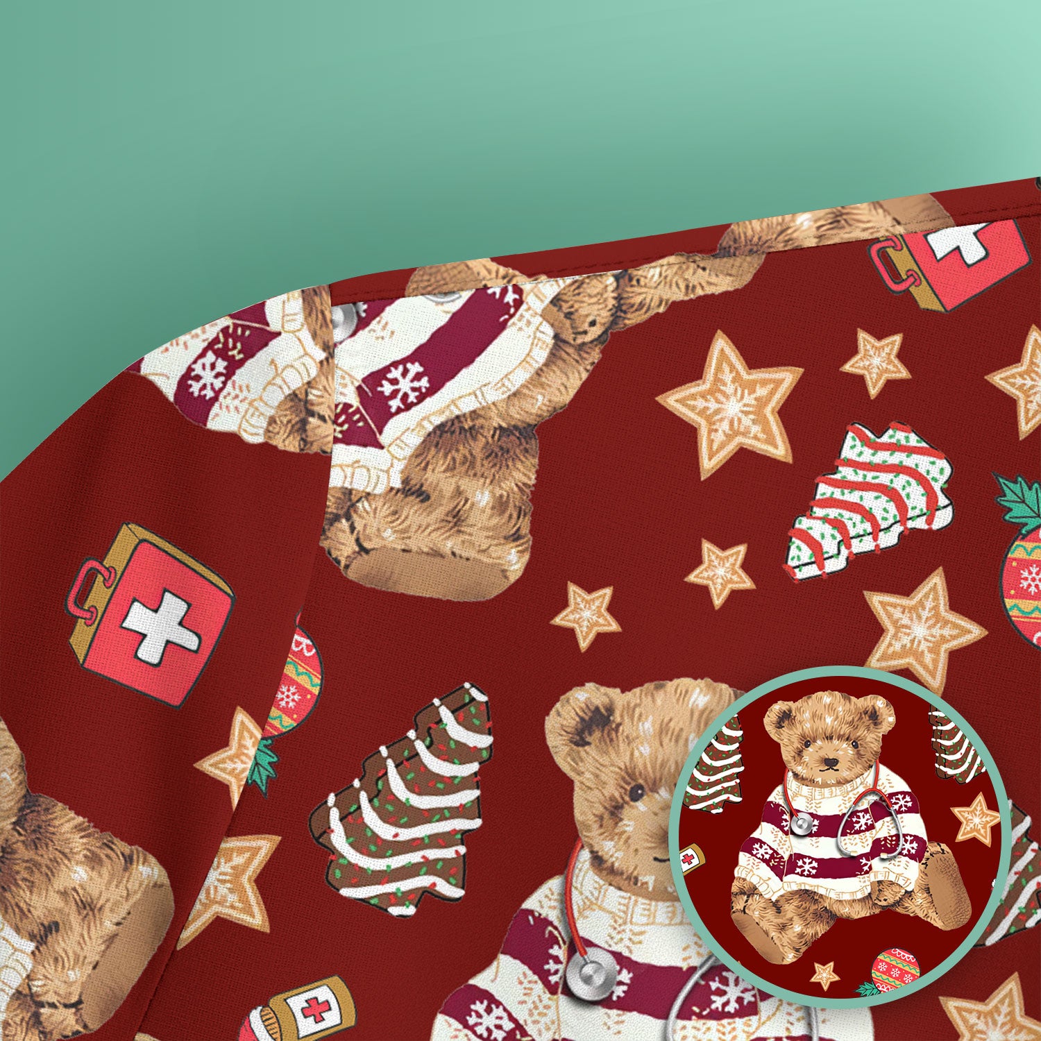 Teddy Bear Christmas Scrub Top - Cute Holiday Medical Pattern with Warm Sweater Bear - Gift for Nurses RN CNA LPN
