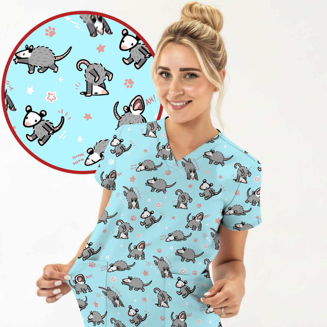Playful Cartoon Opossum Character Pattern Scrub Top, Breathable Fabrics Nursing Uniform