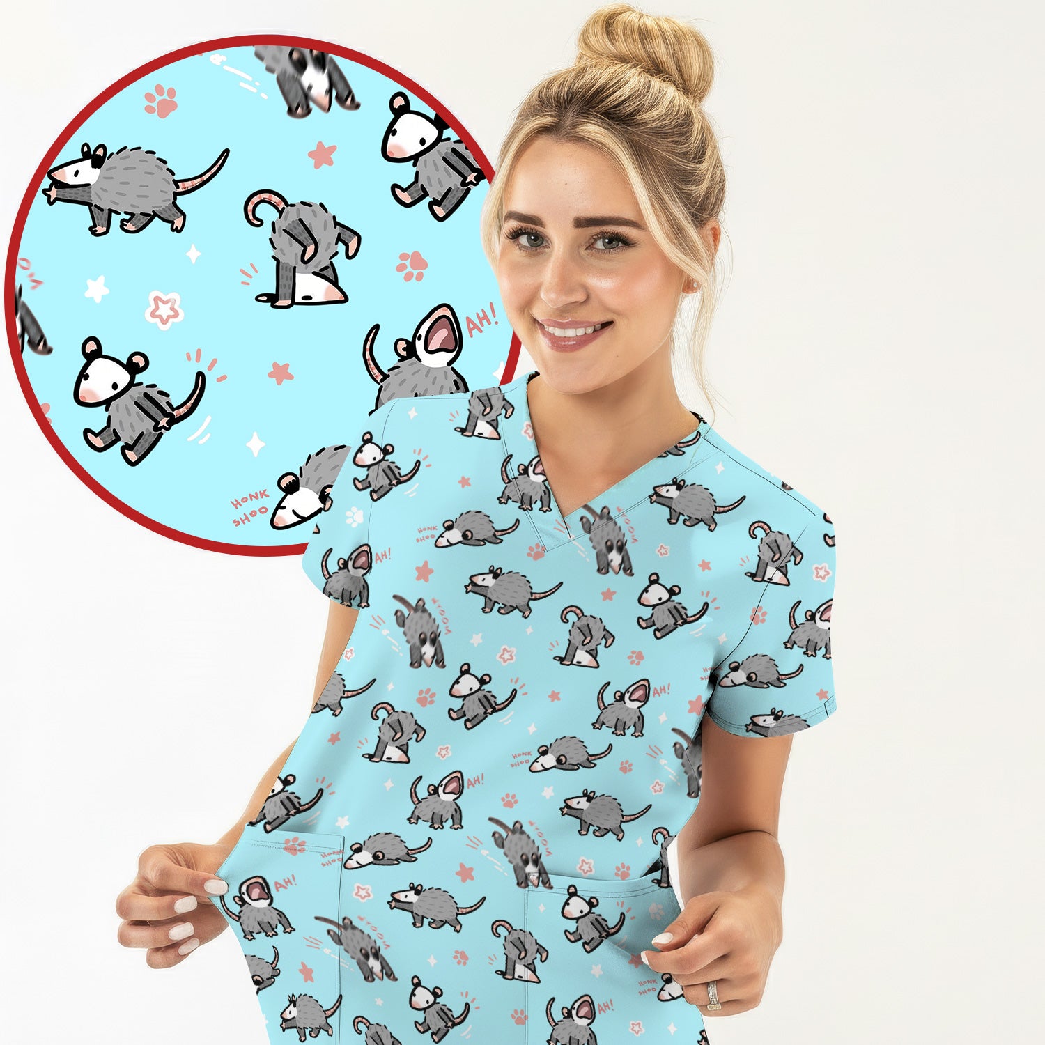 Playful Cartoon Opossum Character Pattern Scrub Top, Breathable Fabrics Nursing Uniform