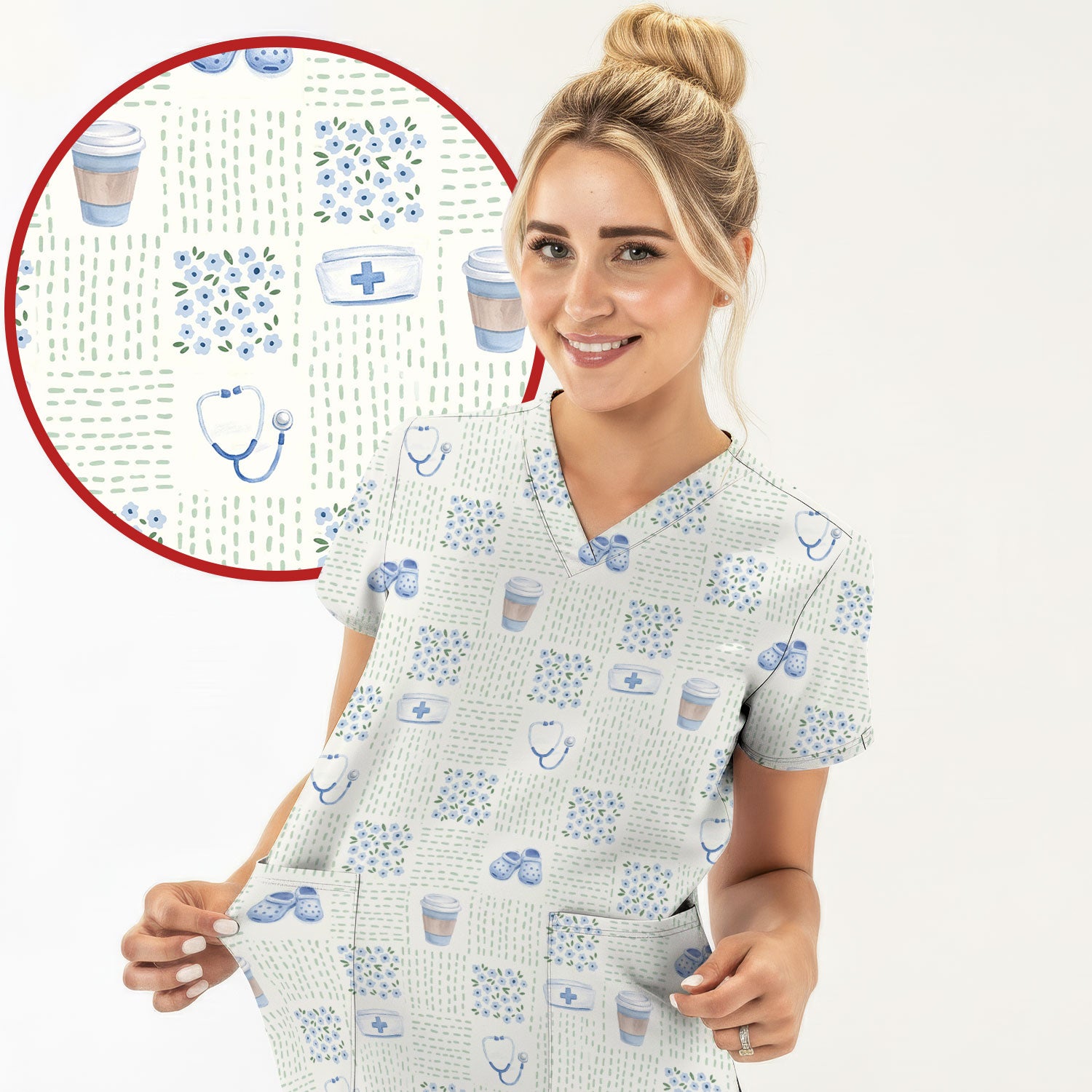 Cute Medical Essentials Pattern Scrub Top, Comfortable Scrubs for Nurses