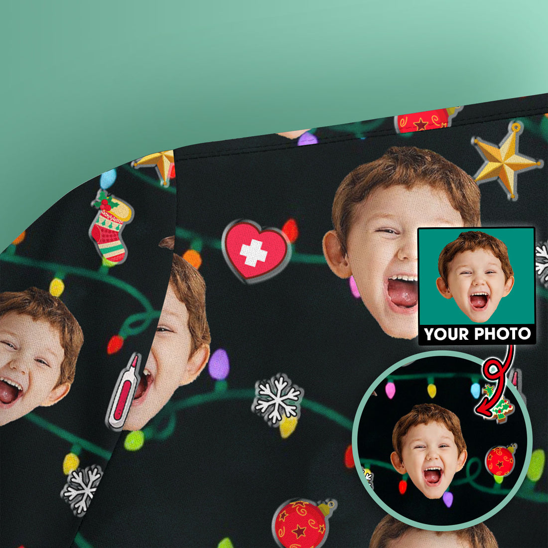 Personalized Xmas Photo Scrub Top, Christmas Custom Face Scrub Shirt, Breathable Fabrics Nursing Uniform