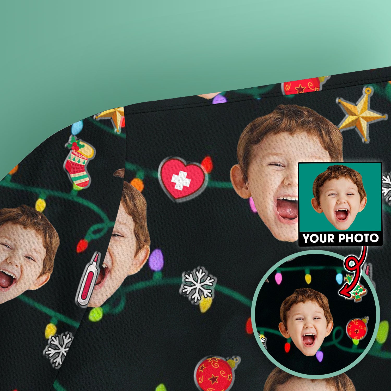 Personalized Xmas Photo Scrub Top, Christmas Custom Face Scrub Shirt, Breathable Fabrics Nursing Uniform