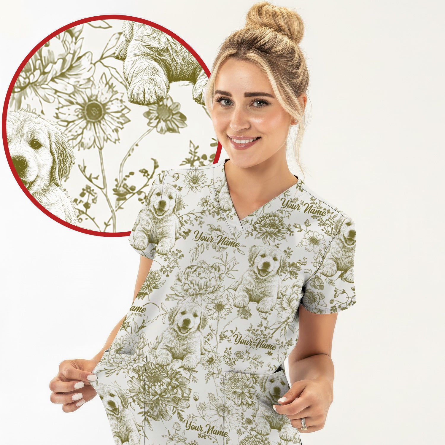 Personalized Custom Pet Photo Name Floral Pattern Scrub Top, Breathable Fabrics Nursing Uniform
