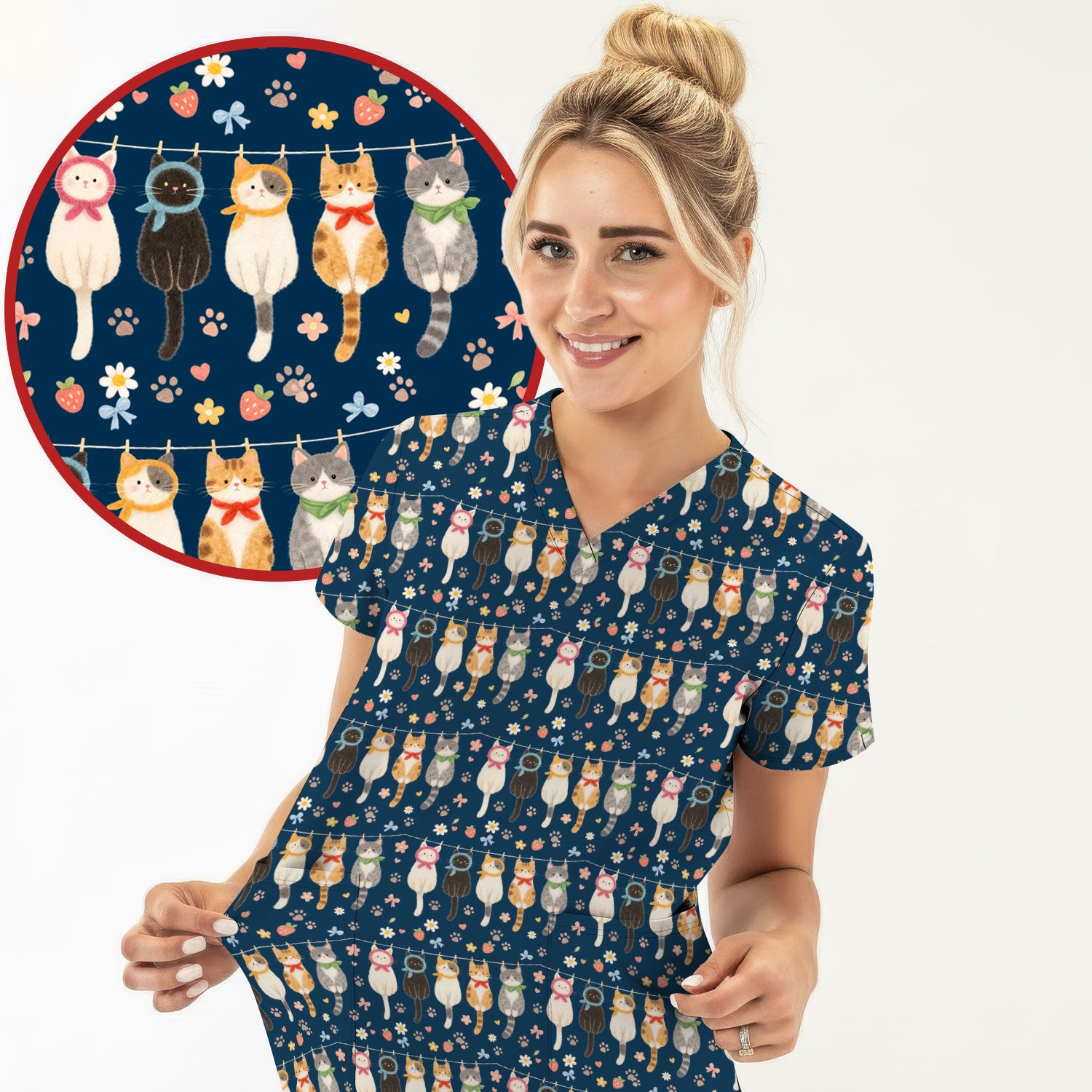 Cute Cat Clothesline Pattern Scrub Top, Comfortable Scrubs for Nurses