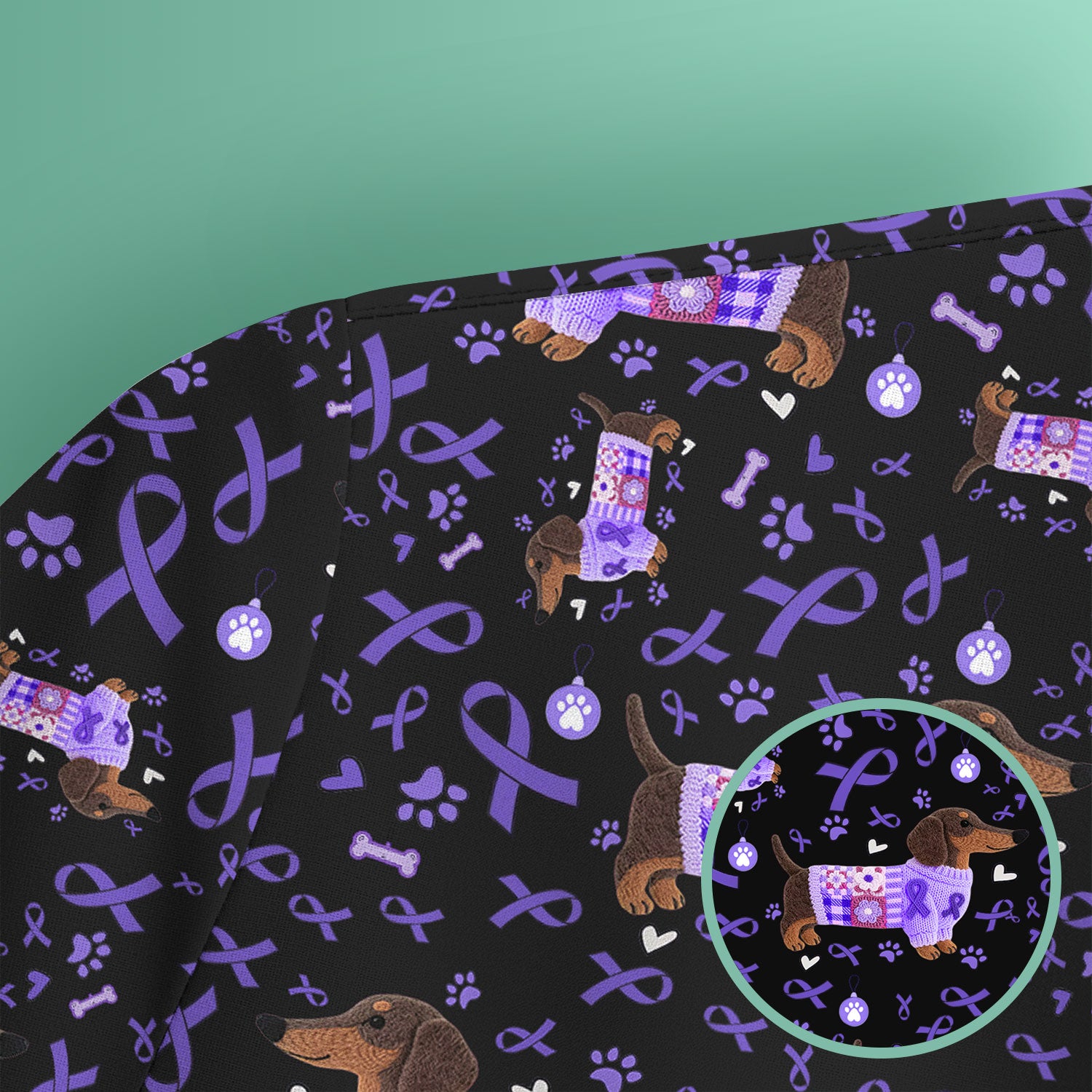 Purple Ribbon Dachshund Scrub Top for Nurses - Cute Awareness Dog Paw Prints - Support Lupus Cancer Med Uniform Gift for Women