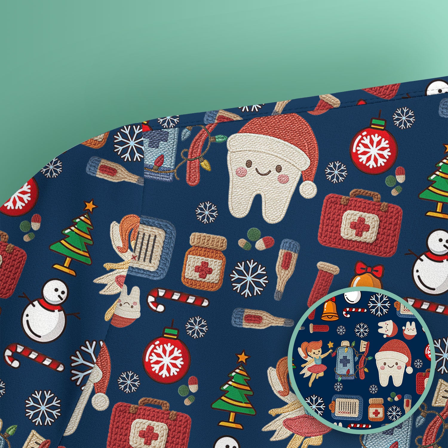 Christmas Dental Scrub Top - Cute Santa Tooth & Snowman Shirt - Festive Holiday Medical Uniform for Dentists, Hygienists & Nurses