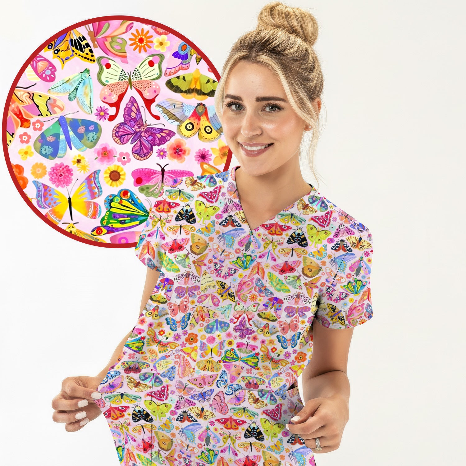 Cute Bright Butterfly Moth Floral Scrub Top, Comfortable Scrubs for Nurses
